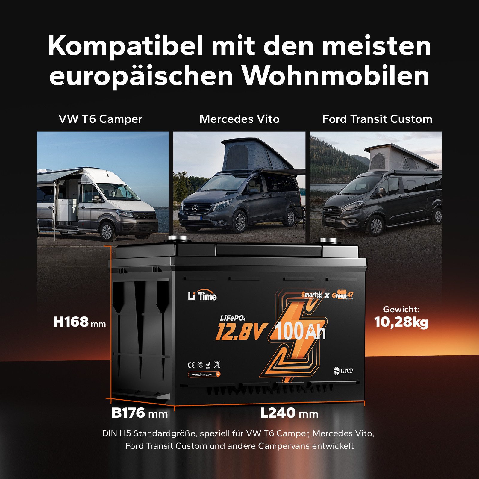 LiTime 12V 100Ah LiFePO4 Batterie H168 DIN H5 mit Bluetooth Solarakkus 100000 mAh (12 V), Versorgungsbatterie für Wohnmobil Mini Camper, 240*176*168 mm
