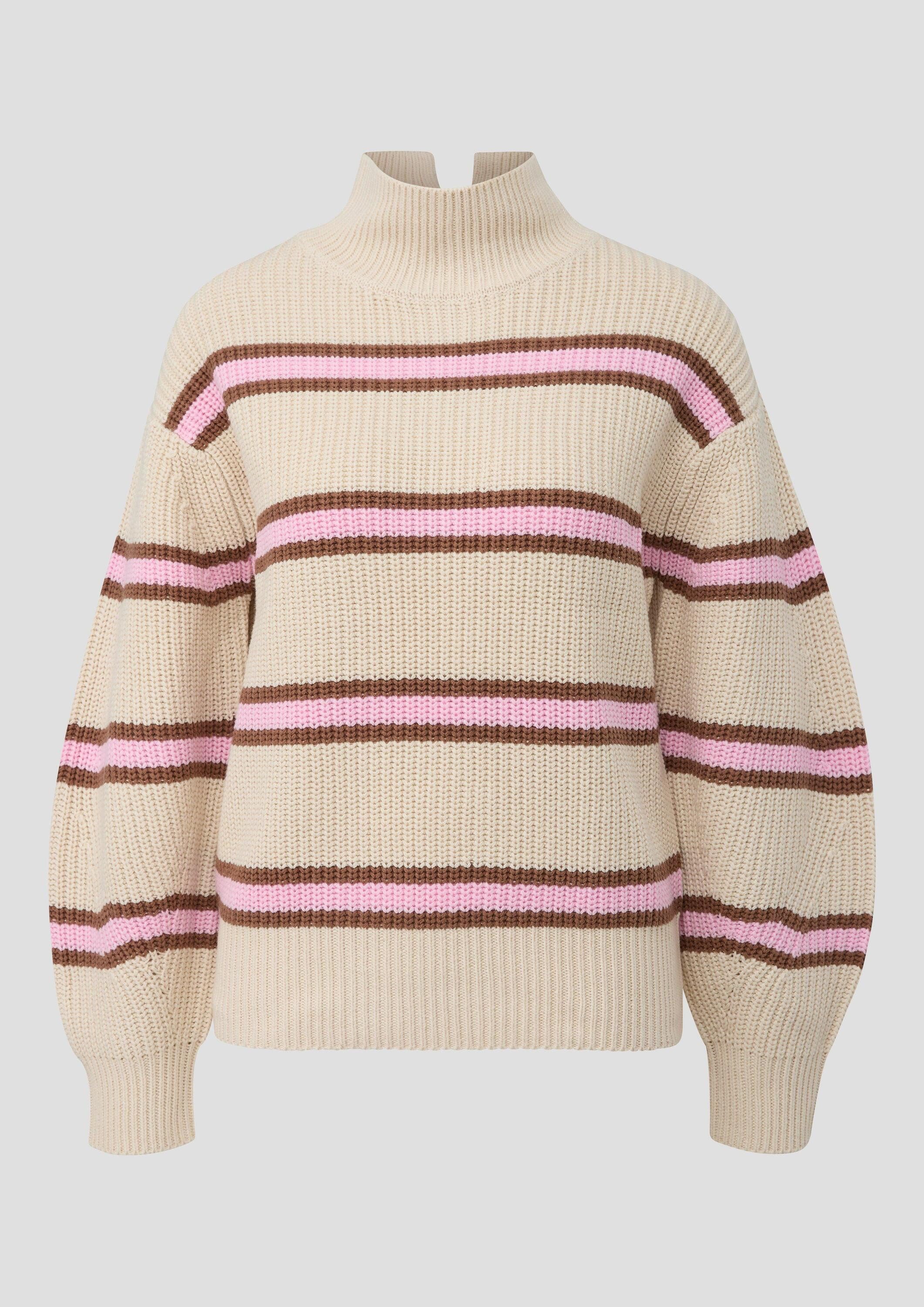 s.Oliver Longpullover Strickpullover Gestreifter Grobstrickpullover mit Stehkragen