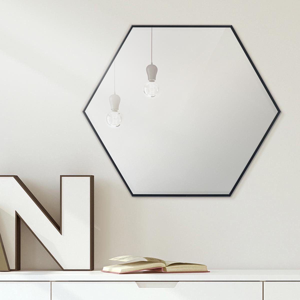 PHOTOLINI Spiegel sechseckig mit Metallrahmen 52x60 cm, schmaler Rahmen Schwarz