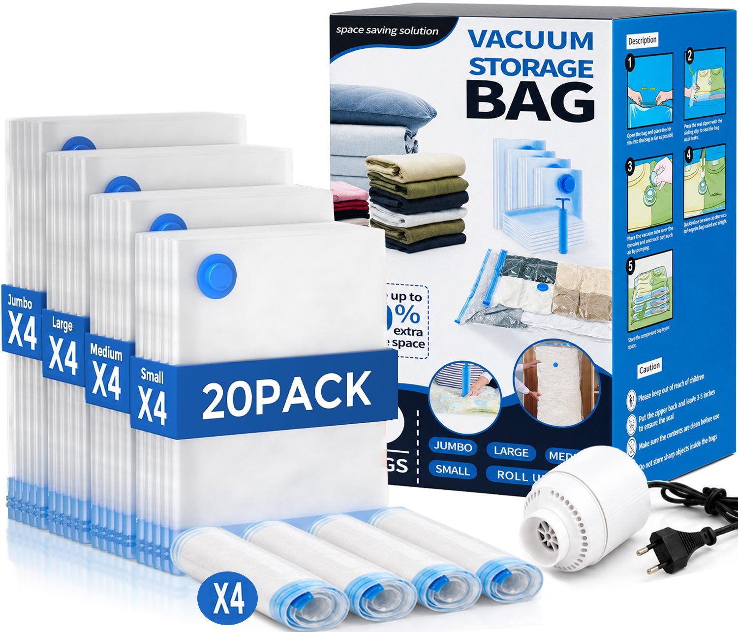 Futicare Aufbewahrungstasche 20pcs Vakuumbeutel mit elektrischer Luftpumpe (4 Jumbo, 4 groß, 4 Midi, 4 kleine Beutel, 4 Reise-Rollbeutel platzsparende Versiegelungsbeutel, luftdichte Kompressionsbeutel für Kleidung, Kissen, Bettdecken, Decken)