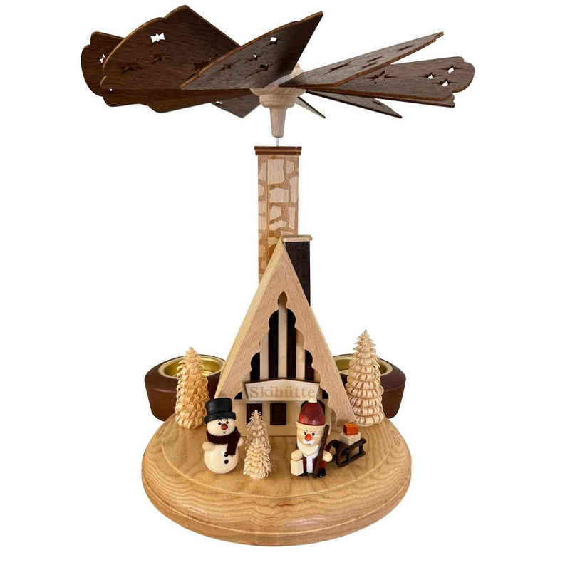 SAICO Original Weihnachtspyramide Tischpyramide aus Holz für Teelichter, Skihütte mit Weihnachtsmann, Räucherhaus, Räuchermännchen - Weihnachtsdeko aus dem Erzgebirge