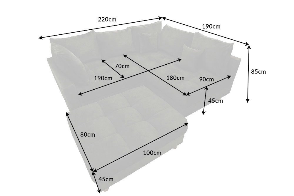 riess-ambiente Ecksofa KENT 220cm grau - Samt, L-Form, Federkern, Hocker & Kissen, Set 2 Teile, Wohnlandschaft in Familiengröße - ideales Design fürs Wohnzimmer
