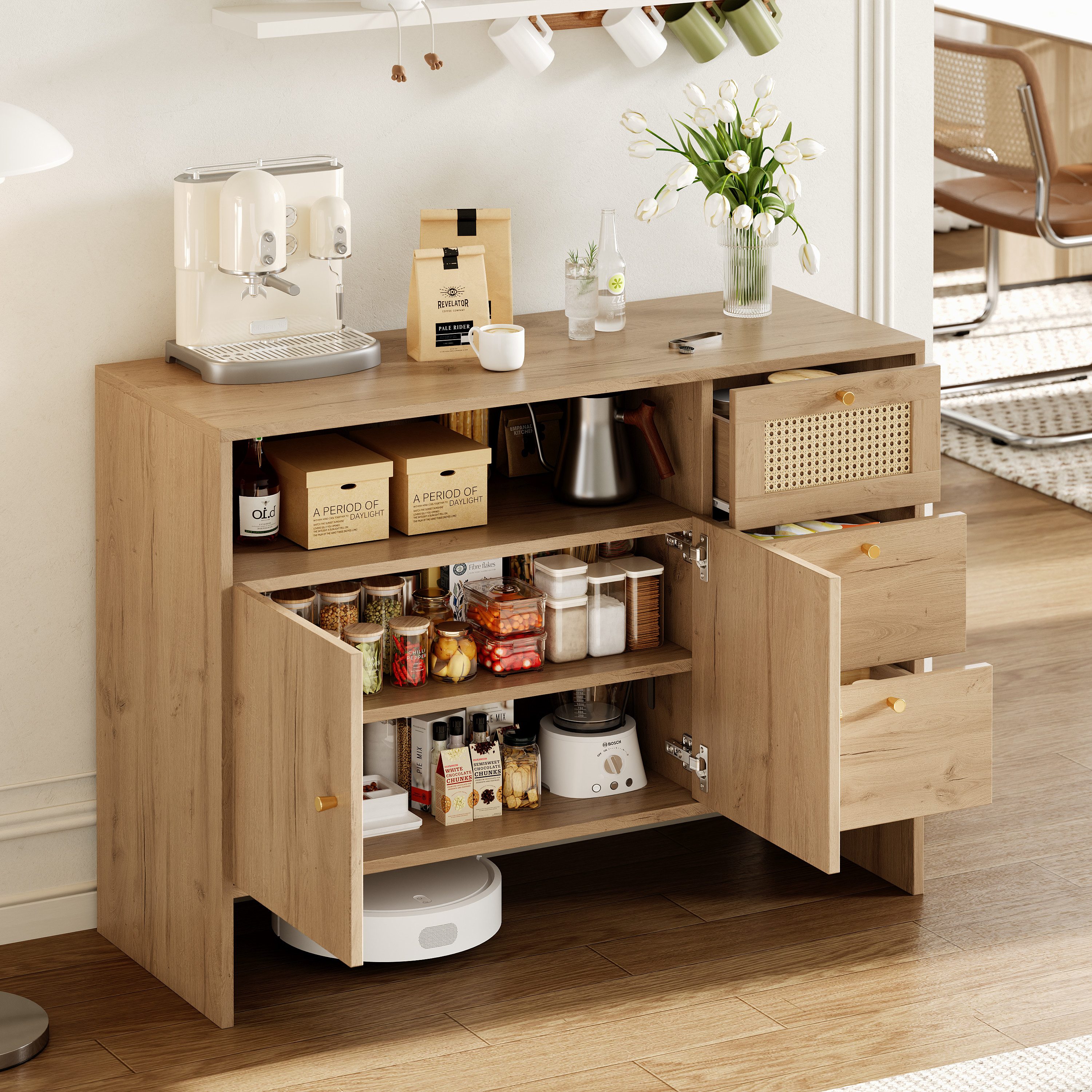 Celya Sideboard Küchenschrank, Buffetschrank mit 2 Türen und 3 Schubladen (Schubladenschrank mit Rattan und Goldgriffen, 105 x 40 x 76 cm), ideal für Wohn-, Ess- oder Küchenbereiche