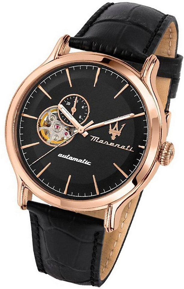MASERATI Quarzuhr Maserati Leder Armband-Uhr Analog, Herrenuhr Lederarmband,  rundes Gehäuse, groß (ca. 42mm) schwarz