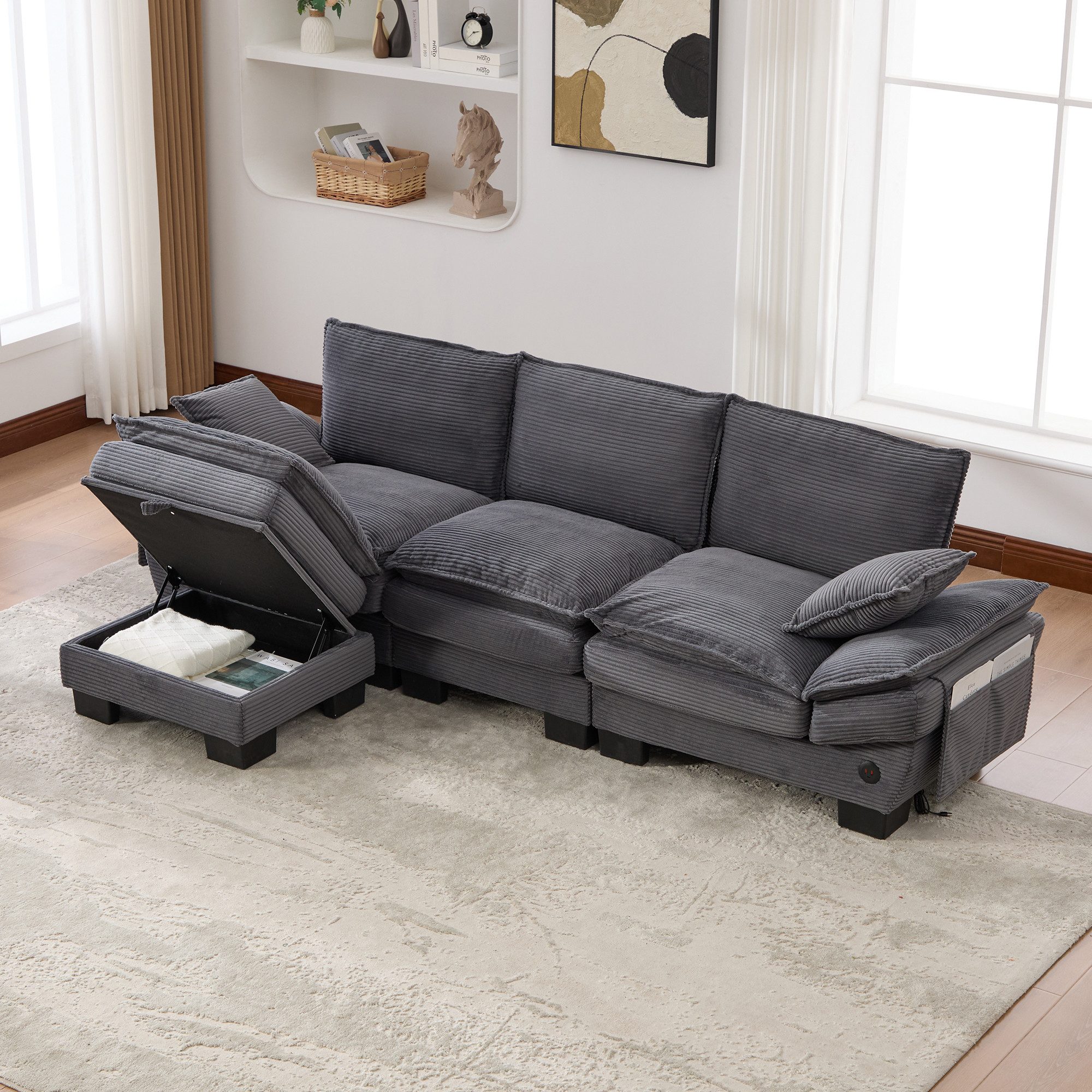 HAUSS SPOLE Loungesofa 3-Sitzer Cordsofa mit einer Hocker,Relaxsofa Seitentaschen,Dunkelgrau, Relaxsofa aus hochwertige Corduroy-Stoff, Ideal für Wohnzimmer, Büro oder Lounge