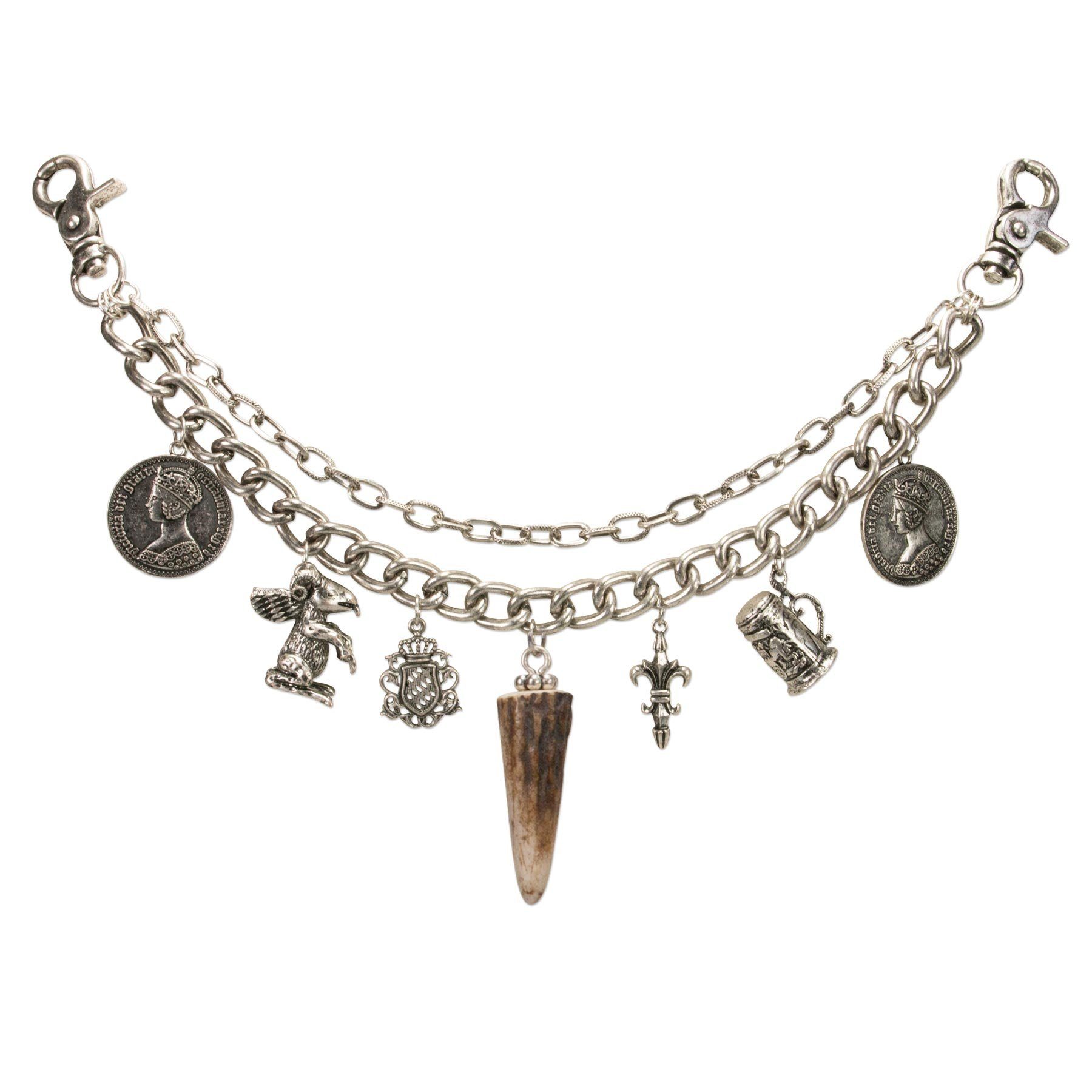 Alpenflüstern Kette mit Anhänger Trachten-Charivari Vinzenz (antik-silber-farben), - Hochwertiger Herren-Trachtenschmuck mit Trophäen-Anhängern für die L