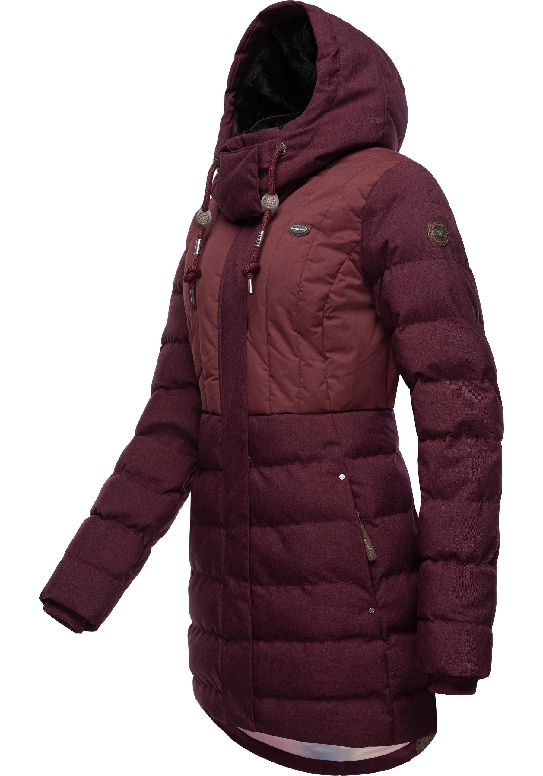 Ragwear Winterjacke Kapuze mit Block Winterparka stylischer, weinrot gesteppter gefütterter Ashanta