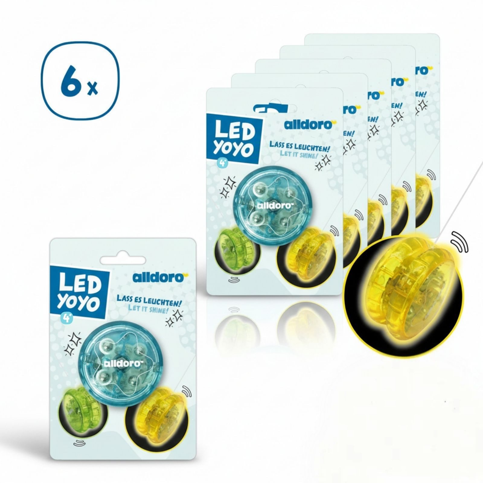 alldoro Fidget-Gadget LED Jojo, 6er Set, Yoyo mit Leuchteffekt, Geschicklichkeitsspielzeug, Ideal als Gastgeschenk oder Mitgebsel für Kindergeburtstag & Hochzeit