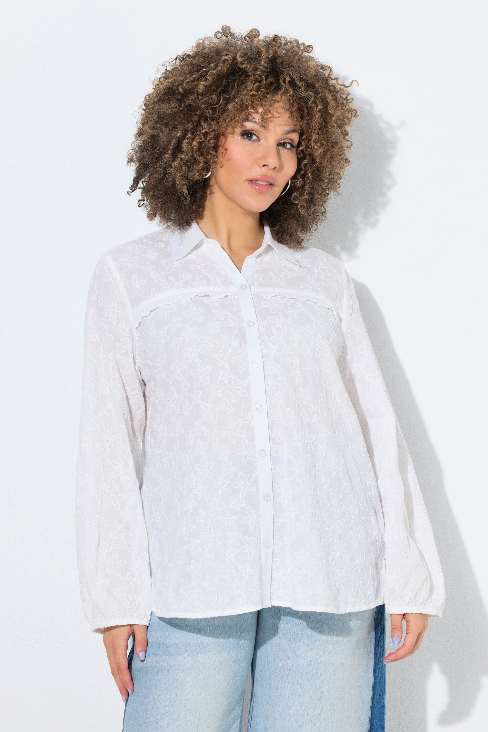 Ulla Popken Hemdbluse Bluse Seestern-Stickerei A-Linie Hemdkragen