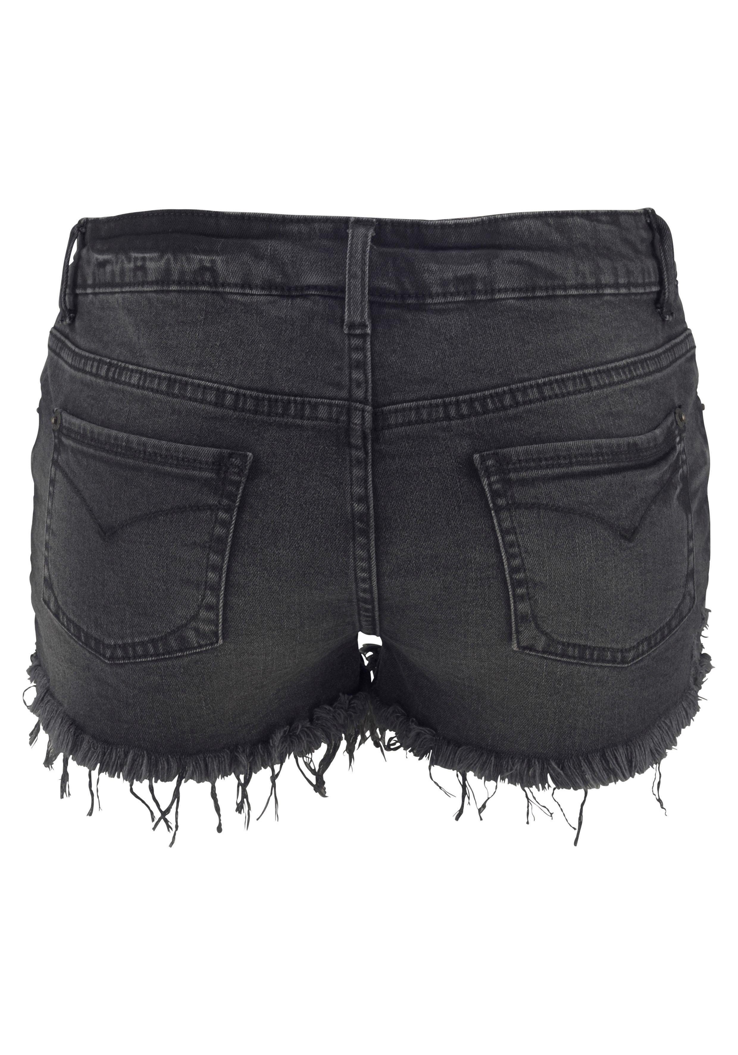 Buffalo Jeanshotpants aus bequemer Baumwollware mit Fransen am Saum, Shorts aus elastischer Baumwolle, Sommerhose