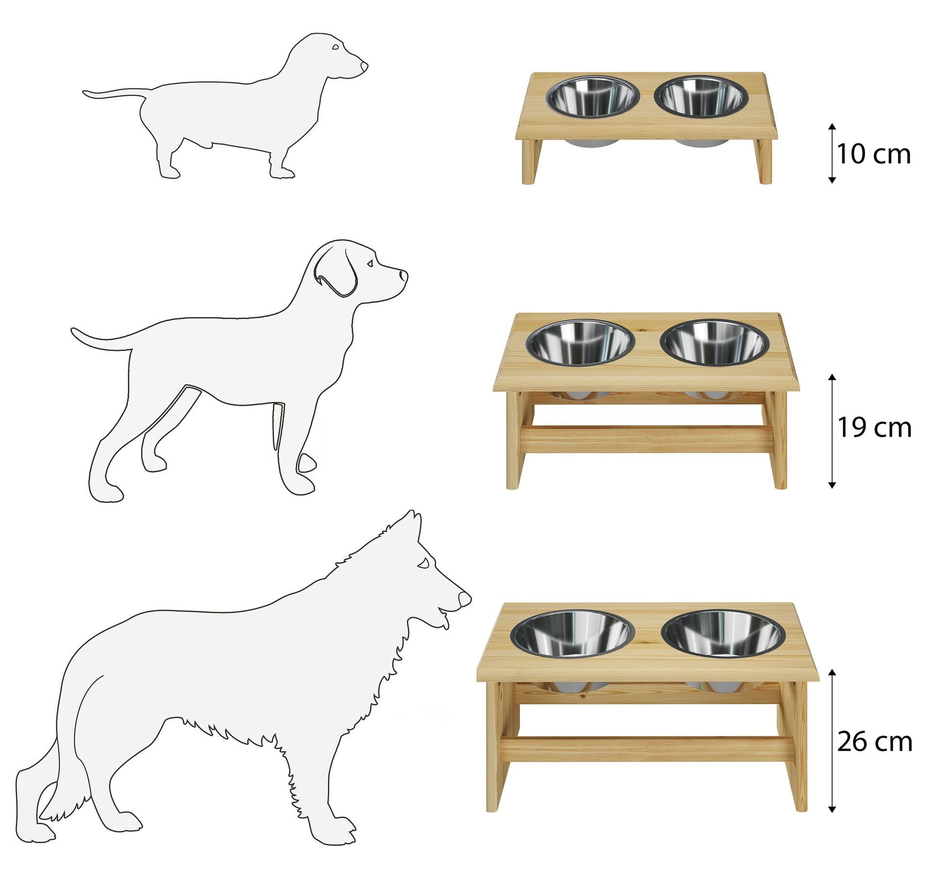 ERST-HOLZ Futternapf Erhöhte Näpfe für Hunde & Katzen mit 2 Schüsseln, rostfreier Edelstall, Kieferfarblos lackiert