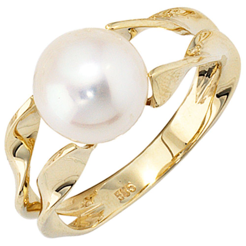 Schmuck Krone Fingerring Damenring Ring Goldring mit Perle 585 Gold Gelbgold schlicht für Damen, Gold 585