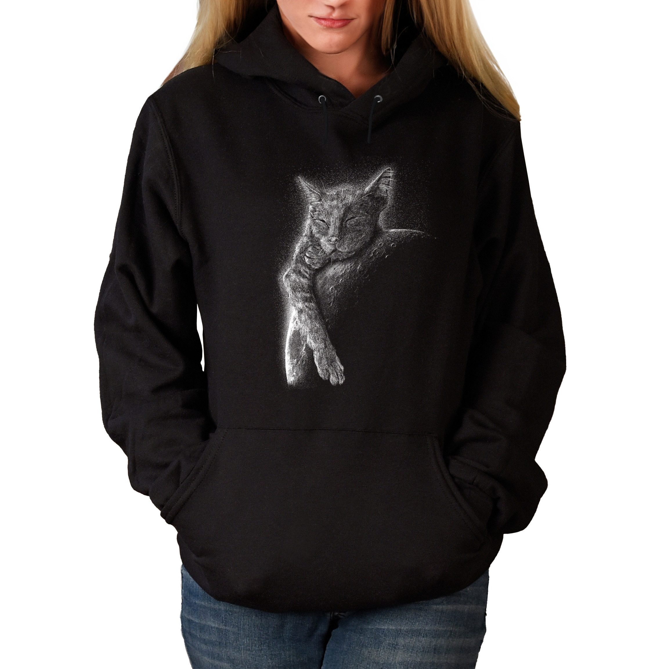 MyDesign24 Hoodie Katzen Kapuzen Pulli - Katze schlafend auf Mond Herren und Damen Kapuzensweater i123