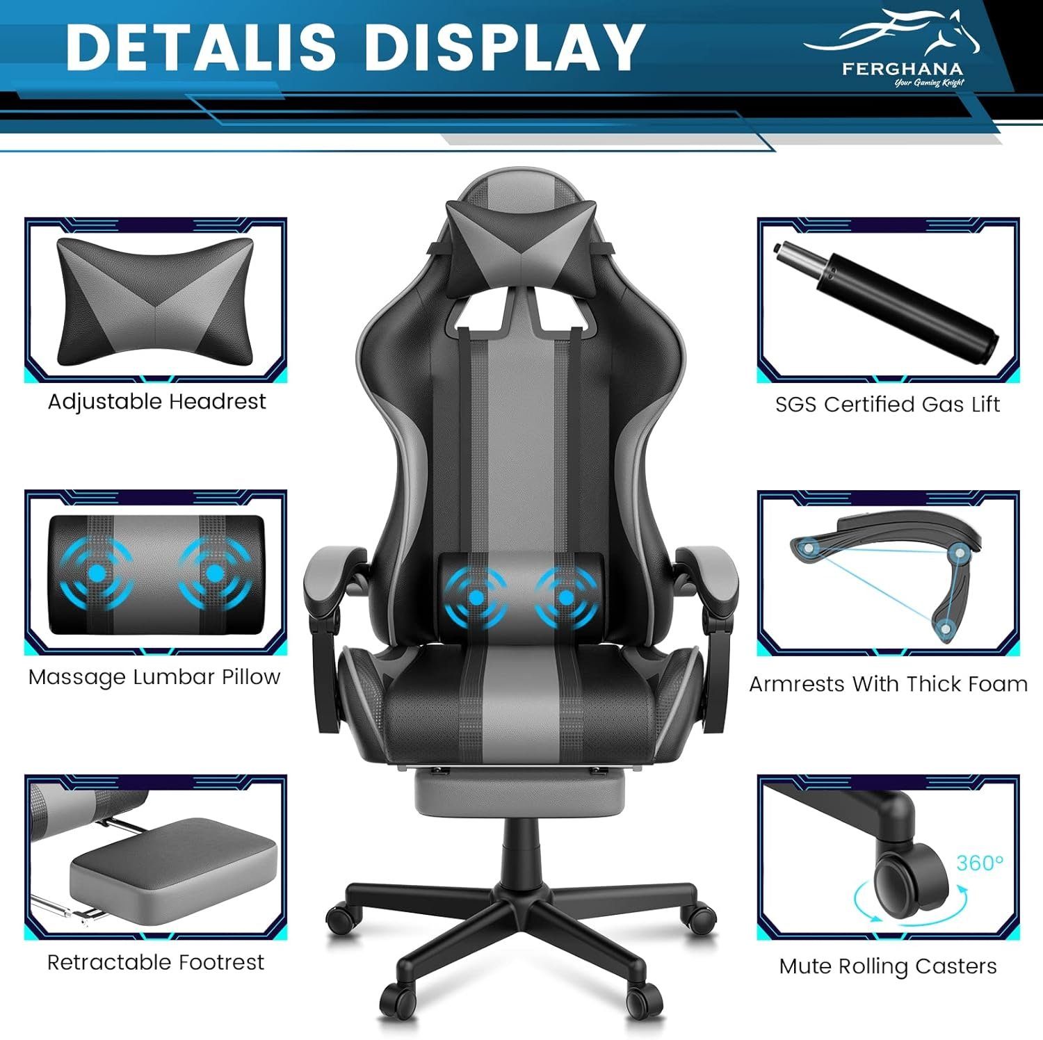 Ferghana Gaming Chair, Gaming Chair Kopfstütze Racing Fußstütze mit Stuhl Lendenkissen und PC