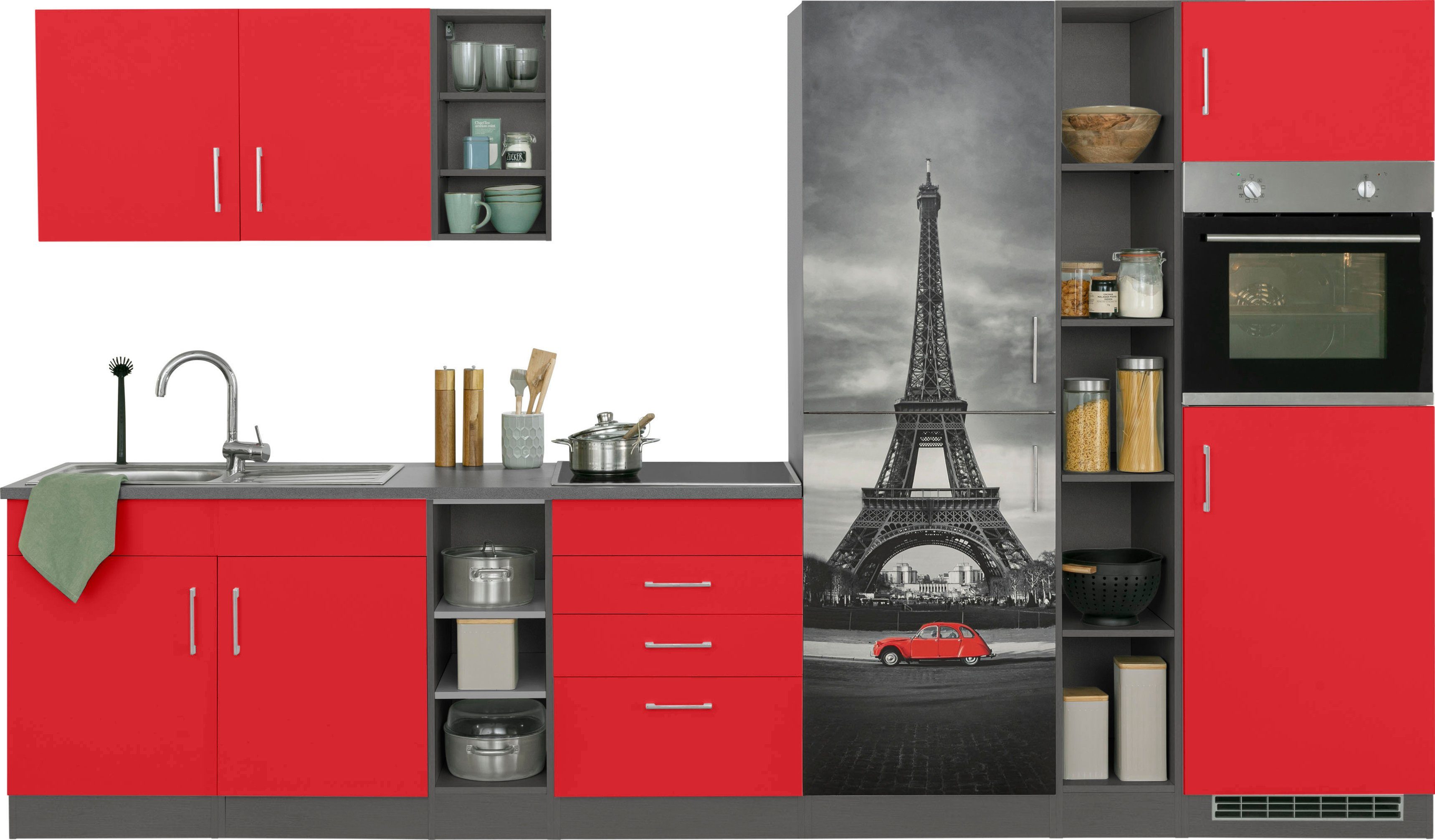 KOCHSTATION Küchenzeile KS-Paris – Küchen mit einzigartigen Fotomotiven auf den Fronten, Breite 340 cm, wahlweise mit E-Geräten und Induktion