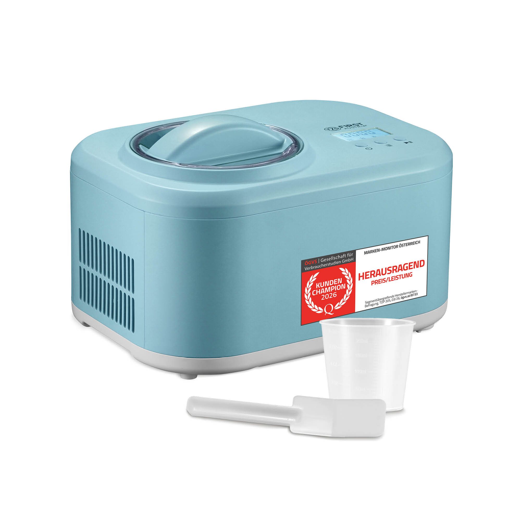 TZS FIRST AUSTRIA Eismaschine 1L, 100W, Kompressor & Kühlhaltefunktion, 60-Min Eis, 8-Std Joghurt, 1 l, 100 W, entnehmbarer 1L Eisbehälter, Eismaschine, inkl. Messbecher, Spatel