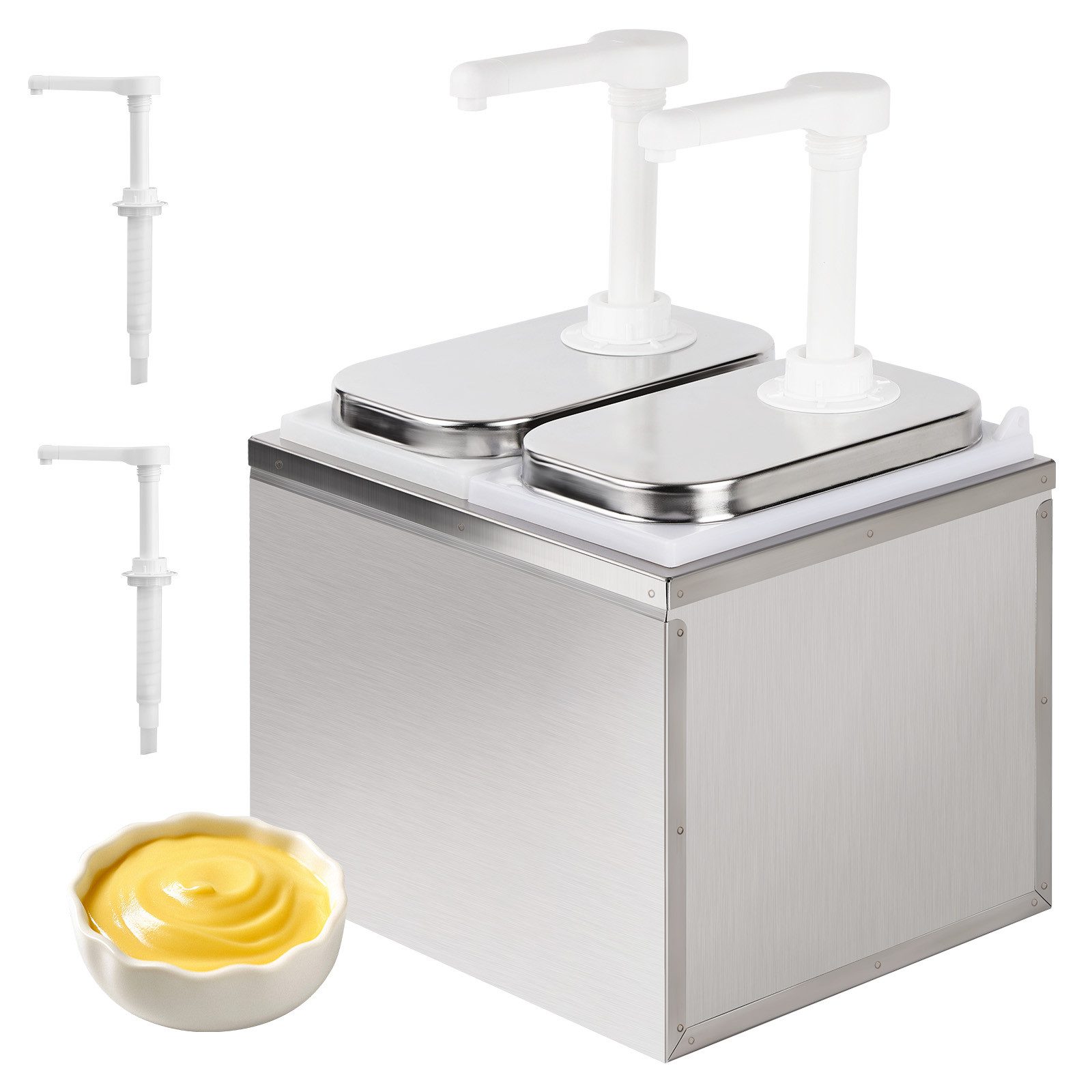 QUBEBU Sauciere 2 x 2 L Saucenspender Pumpstation Senfspender Dosierspender 2 Pumpen, Edelstahl/PP, (Dosierpumpe, Ketchup Spender, Saucenspender Pumpe Gewürzpumpenspender, 1-tlg), für Ketchup, Salatdressing, Sojasauce, Essig, Mayonnaise, Gewürzsauce