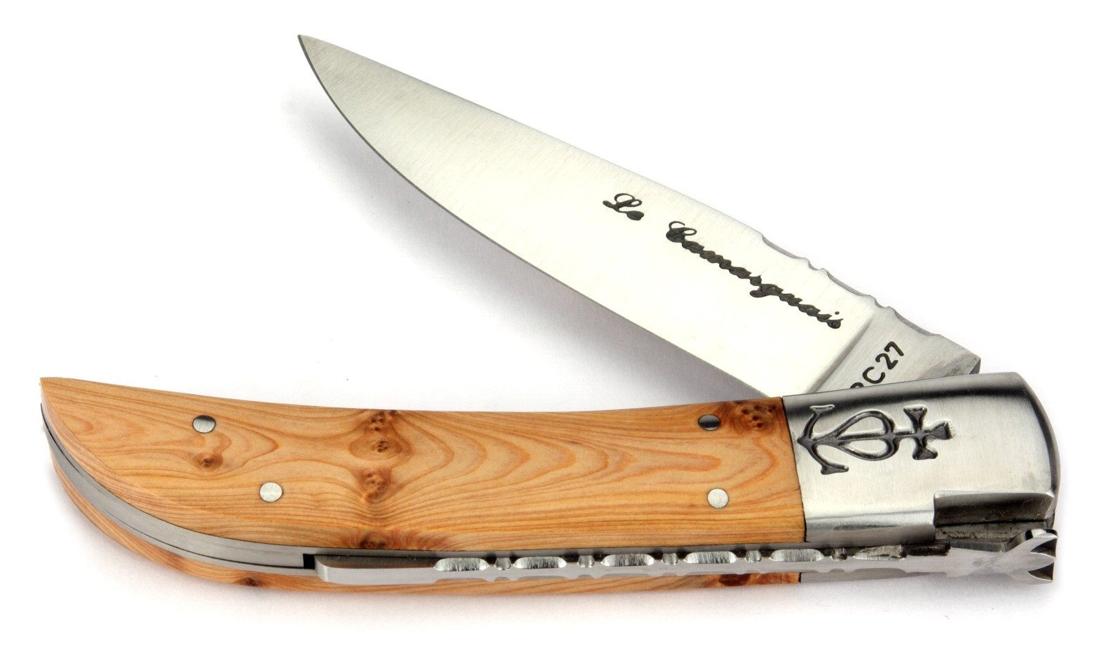 Le Camarguais Taschenmesser 20090, Griff 12cm Wacholder - Feder, Klingenrücken verziert - Stahl matt