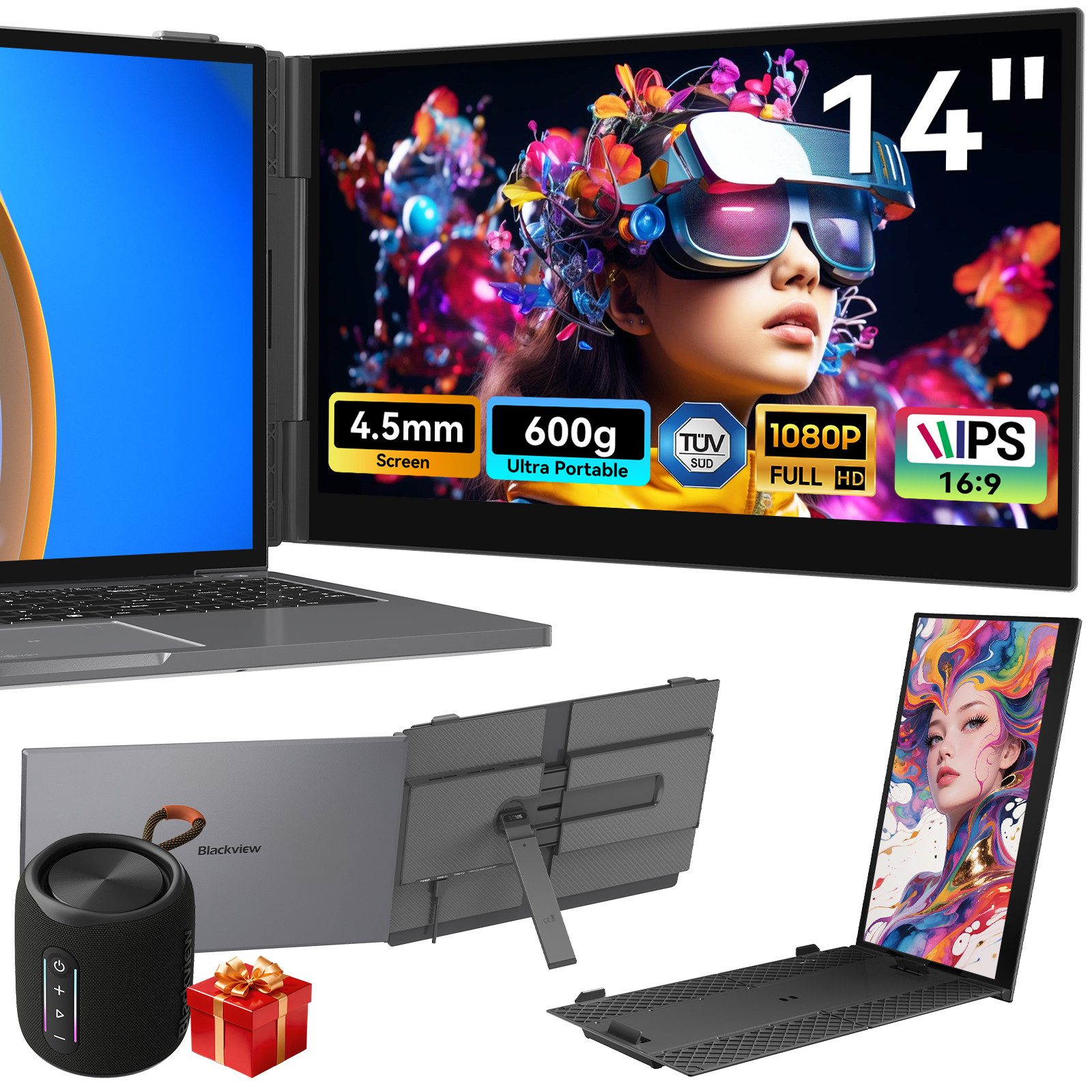 blackview 14" FHD Laptop Bildschirm Erweiterung SCM6 mit Bluetooth-Lautsprecher Portabler Monitor (1920x1080 px, Full HD, IPS, 600g, 180°, 13,3-17,3 Zoll & Windows/Mac/Android/Chrome-Kompatibilität)
