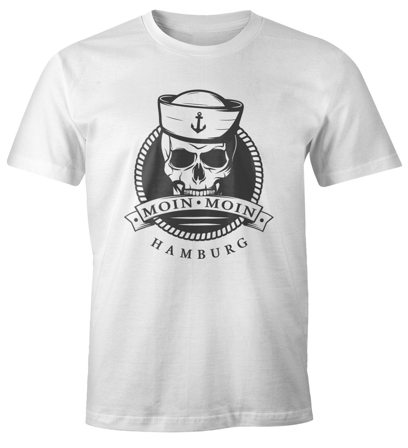 MoonWorks Print-Shirt Herren T-Shirt Totenkopf Matrose Anker Motiv Skull Emblem Schriftzug Moin Moin Hamburg Fun-Shirt Spruch Moonworks® mit Print weiß