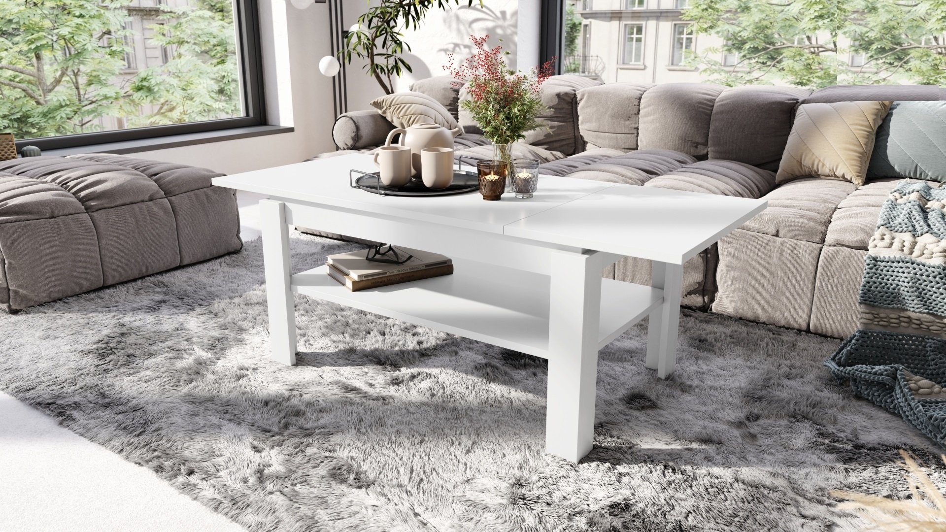 Weiß matt Tisch Couchtisch Asti-R Design Esstisch Couchtisch ausziehbar Ablagefläche mit designimpex
