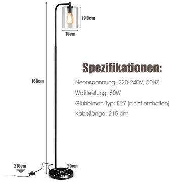 COSTWAY Stehlampe, ohne Leuchtmittel, mit Fußschalter, Glaslampenschirm 168cm