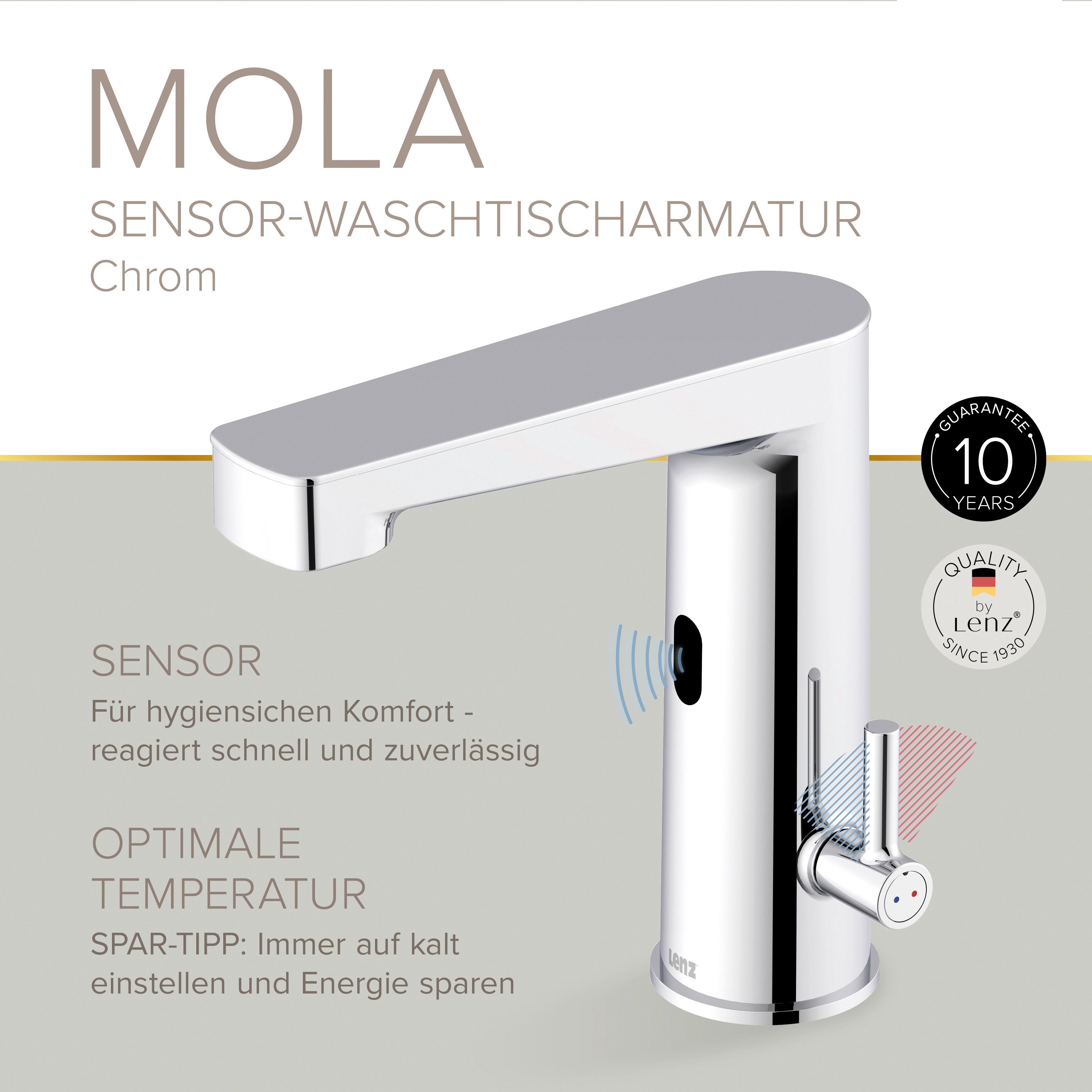 Lenz Waschtischarmatur MOLA Chrom, Sensorsteuerung, mit Easy Clean Pop-Up Ventil Nickelfrei, Kein Stromanschluss nötig – Bild 3 von 5