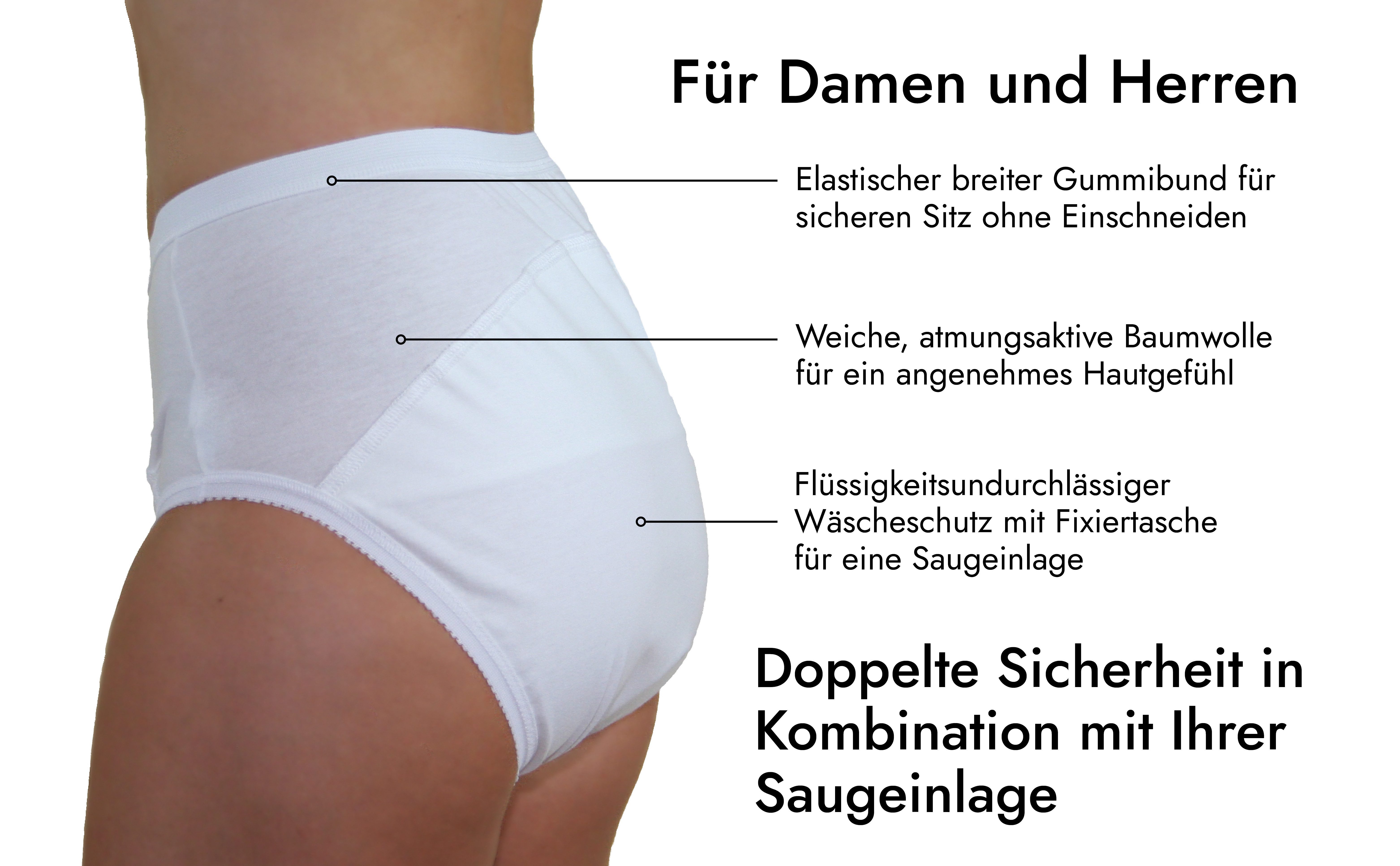 Hydas Inkontinenzslip aus Baumwolle für Damen und Herren, mit langem Zwickel und Nässeschutz Fixier Tasche für Saugeinlagen, 95 Grad waschbar, Trockner geeignet