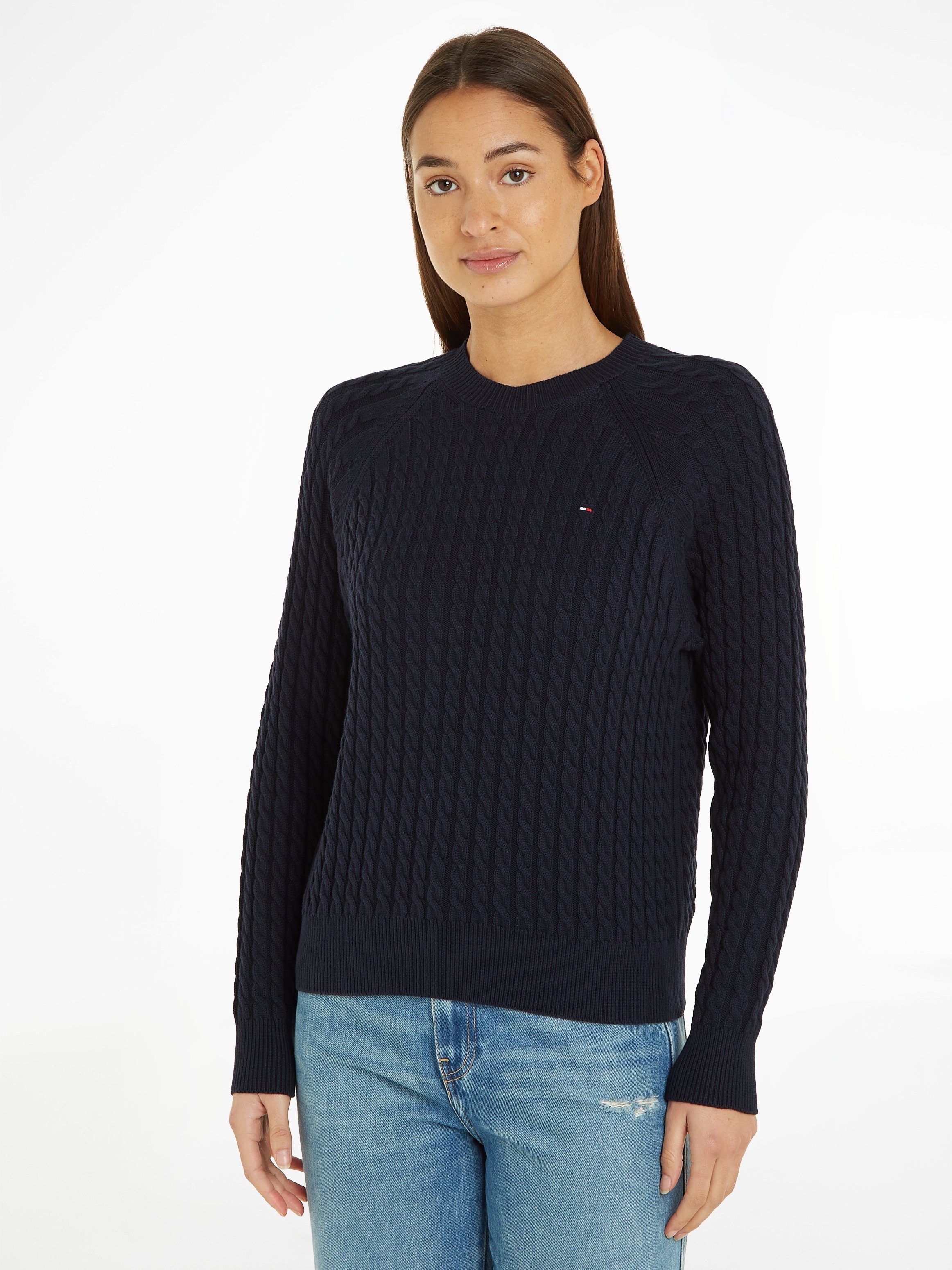 Tommy Hilfiger Rundhalspullover CO CABLE C-NK SWEATER mit Zopfmuster