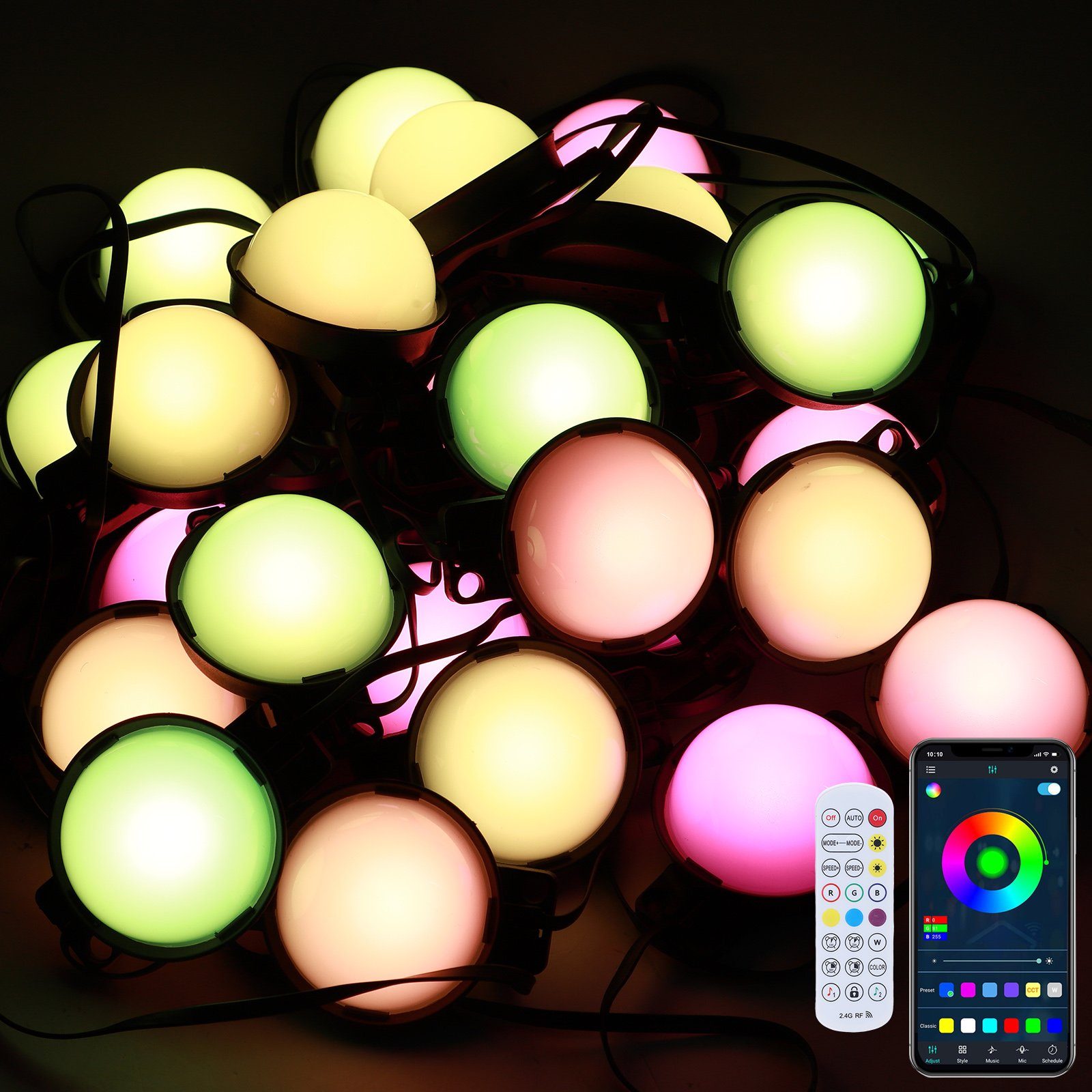 APP/Fernbedienung; Rosnek Weihnachten 25LEDS, LED-Lichterkette Hinterhof, 10M, Party Terrasse für Deko Garten RGB, Smart, Wasserdicht,