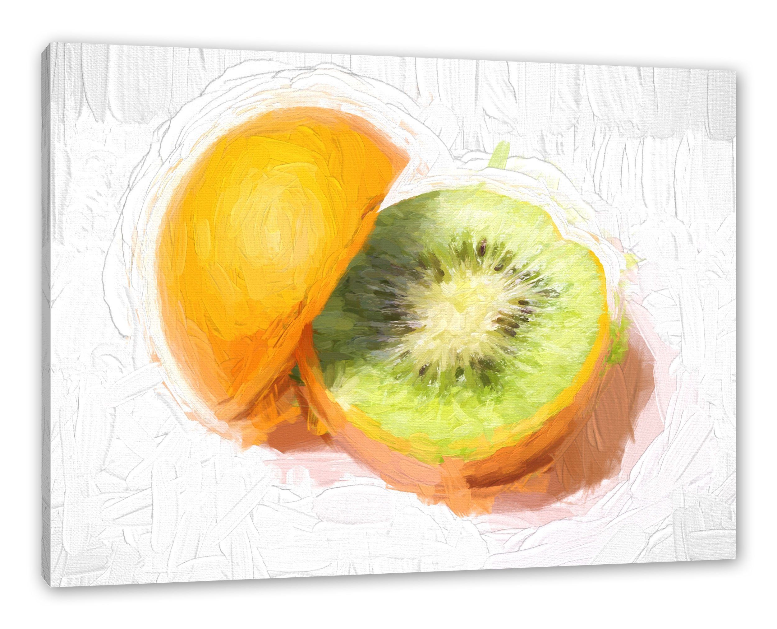 Pixxprint Leinwandbild Orange-Kiwi-Frucht, Orange-Kiwi-Frucht (1 St), Leinwandbild fertig bespannt, inkl. Zackenaufhänger