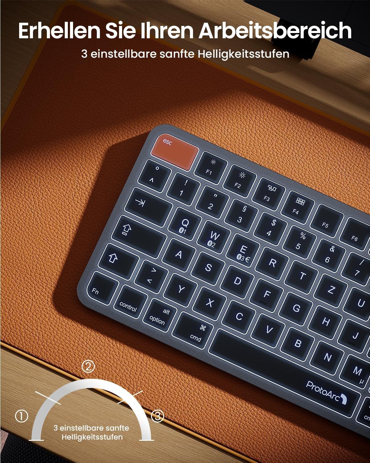 ProtoArc K90-A Bluetooth QWERTZ Funk Tastatur Tastatur (Beleuchtet Kompakte Kabellose Tastatur Mehrgeräte-Gerät)