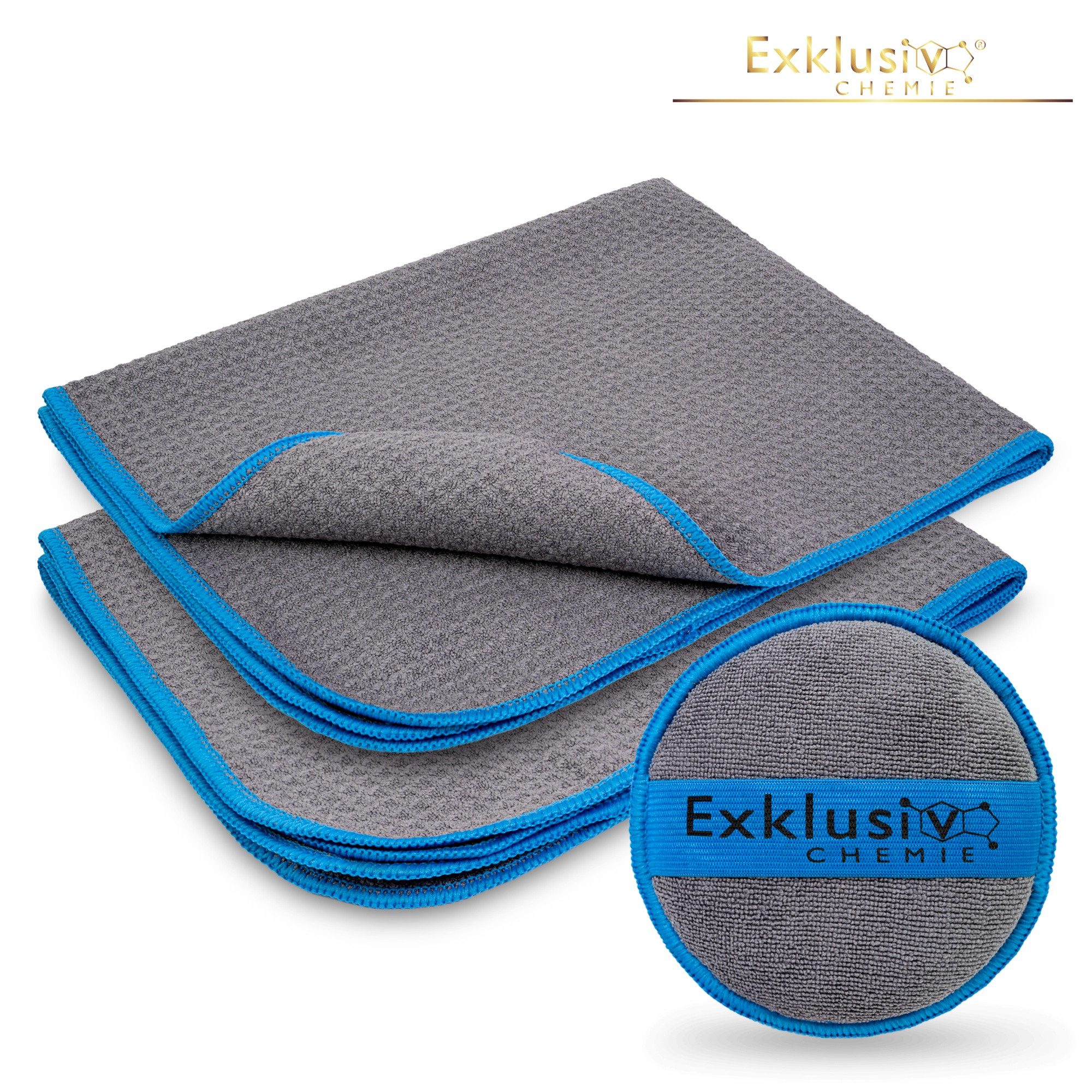 Exklusiv Chemie GmbH Q5 Waffeltücher Mikrofasertuch (50 x 40 cm - 320 GSM, 2-tlg., 2x Waffeltuch + 1x Handpolierschwamm, Streifenfreie Scheibenreinigung)