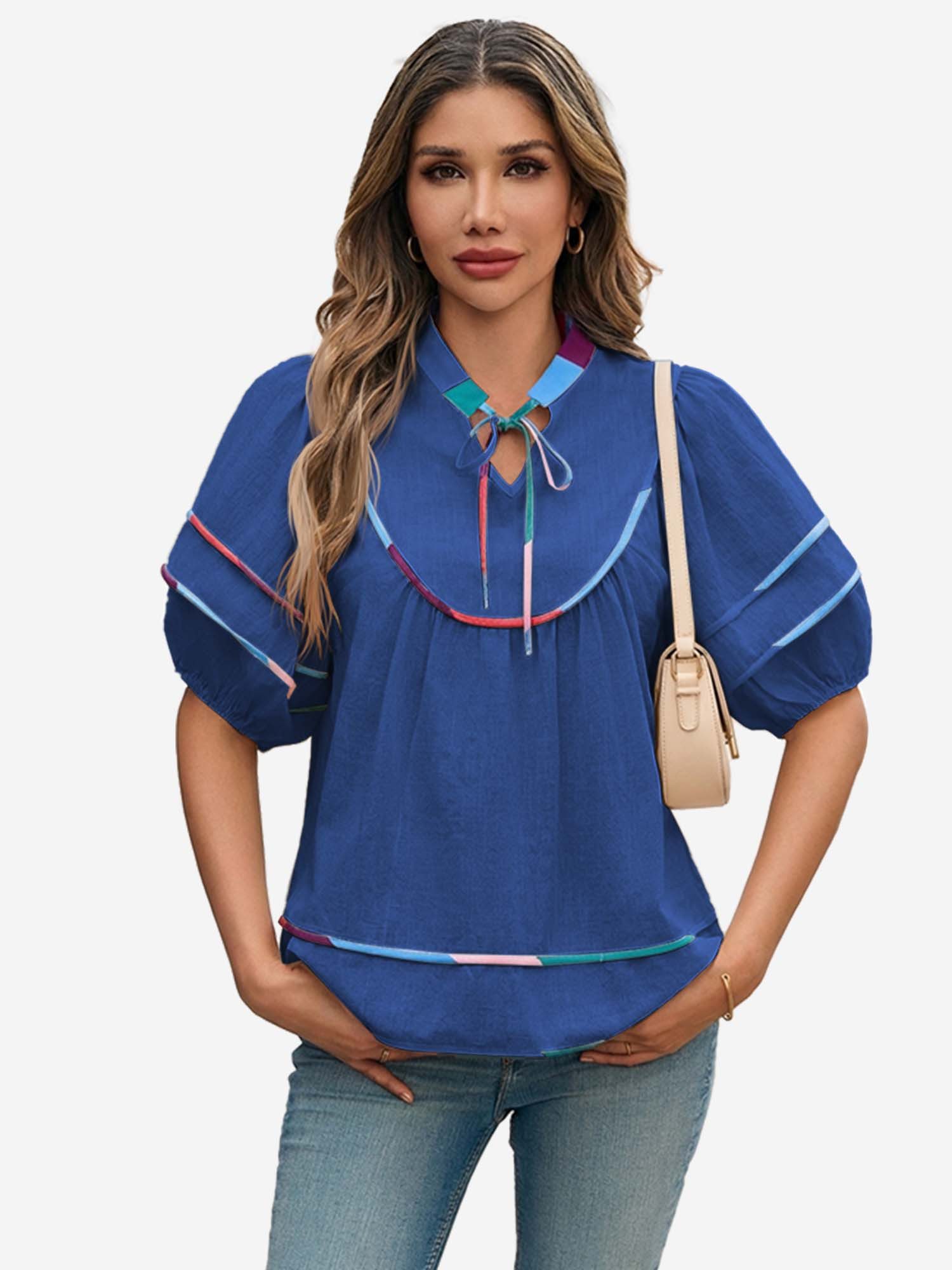 Imily Bela Blusentop Damen Bluse mit Puffärmeln und V-Ausschnitt (Packung, 1-tlg., 1per-Pack) mit Kordelzügen
