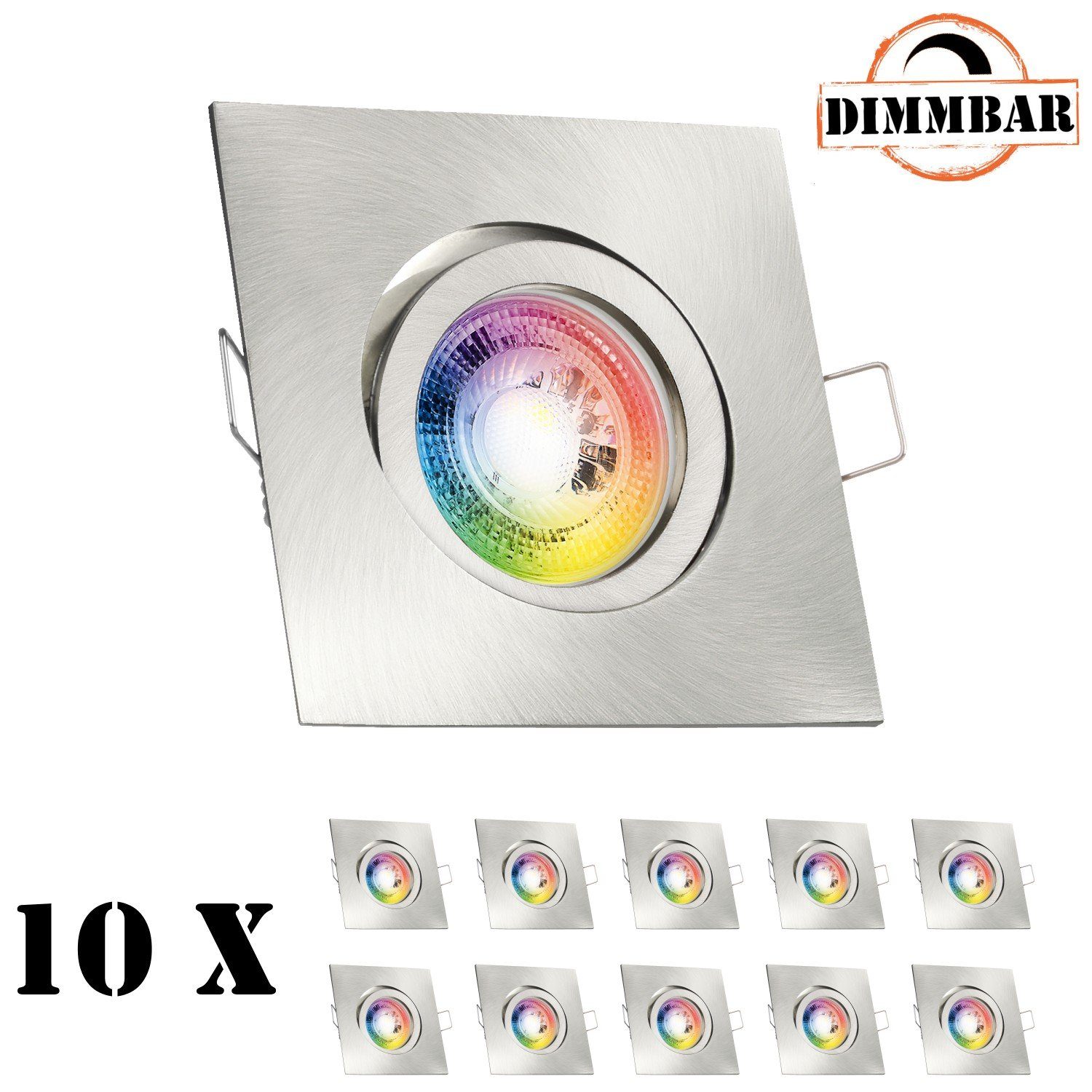 LEDANDO LED Einbaustrahler 10er RGB LED Einbaustrahler Set GU10 in edelstahl / silber gebürstet m