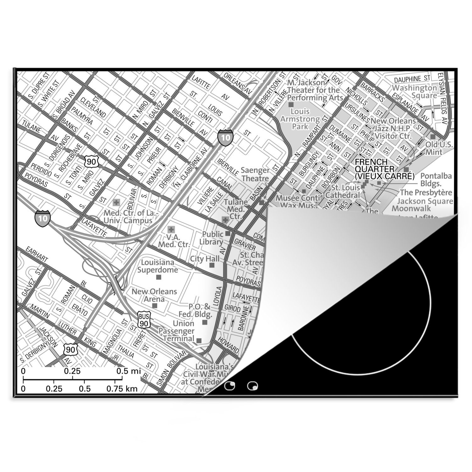 MuchoWow Herdblende-/Abdeckplatte Eine Illustration des Stadtplans von New Orleans - schwarz und weiß, Vinyl, (1 tlg), 70x52 cm, Mobile Arbeitsfläche nutzbar, Ceranfeldabdeckung