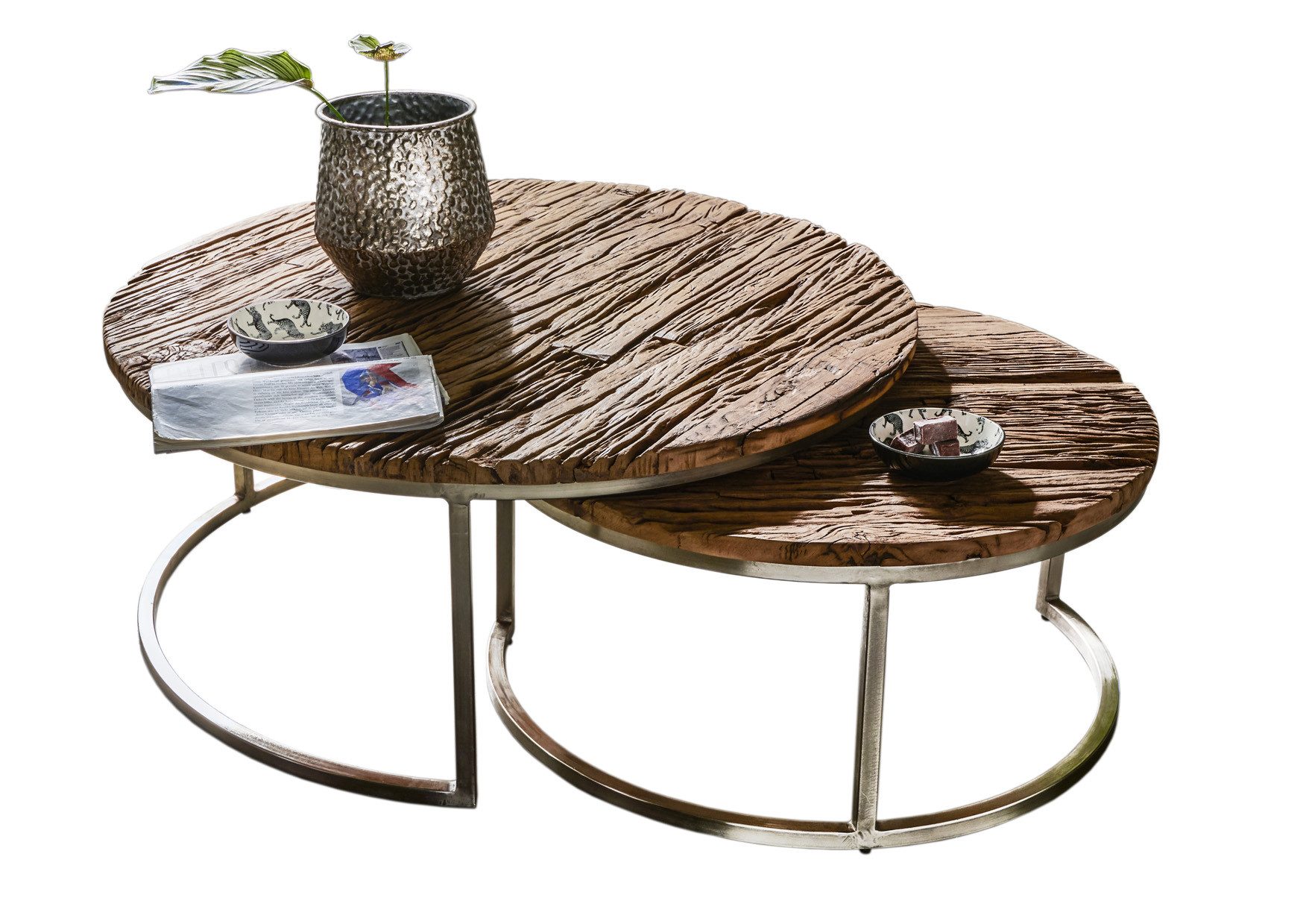 More2Home Couchtisch OKA, als 2-er Set rund, recyceltes Altholz und Eisen natur