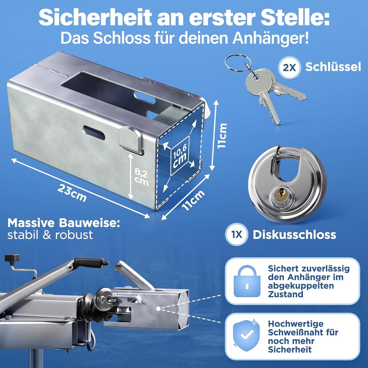 NTG Nutzfahrzeug Technik GmbH Anhängerschloss hochwertig Verzinkt mit Rundschloss Schutz Deagle PKW Diebstahlschutz
