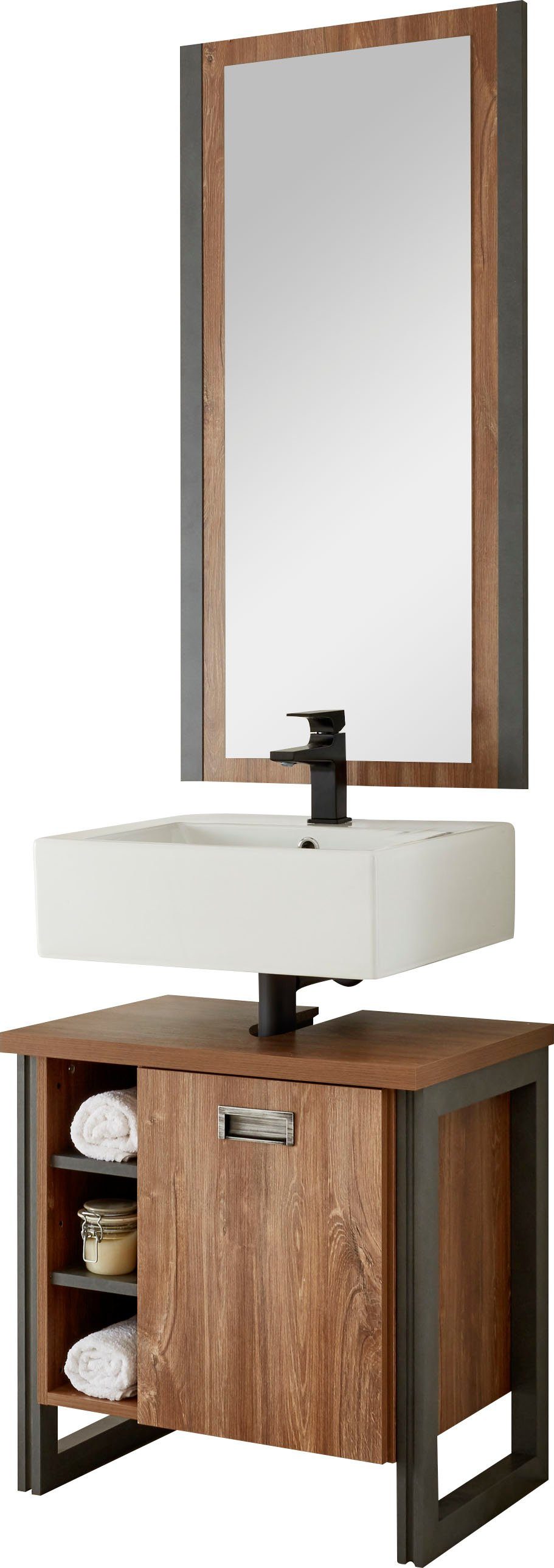 Home affaire Badmöbel-Set Detroit, Bad im Industrialdesign, 2-teiliges Badezimmer, (Set, 2-St), Waschbeckenunterschrank und Spiegel, holzfarben, mit offenen Fächern