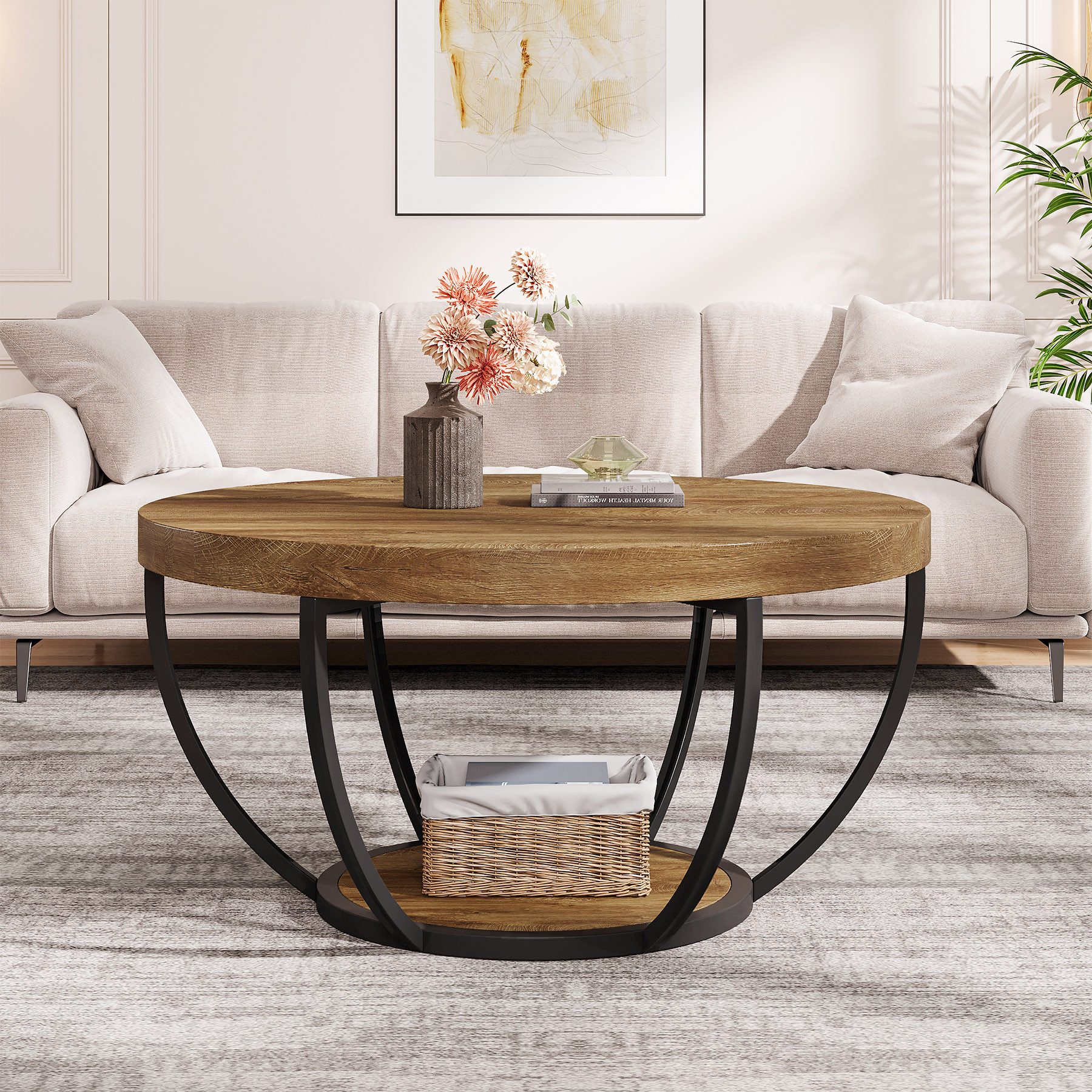Tribesigns Couchtisch Runde Kaffeetisch Beistelltisch, Industrial 2-Tier-Kreis Couchtisch