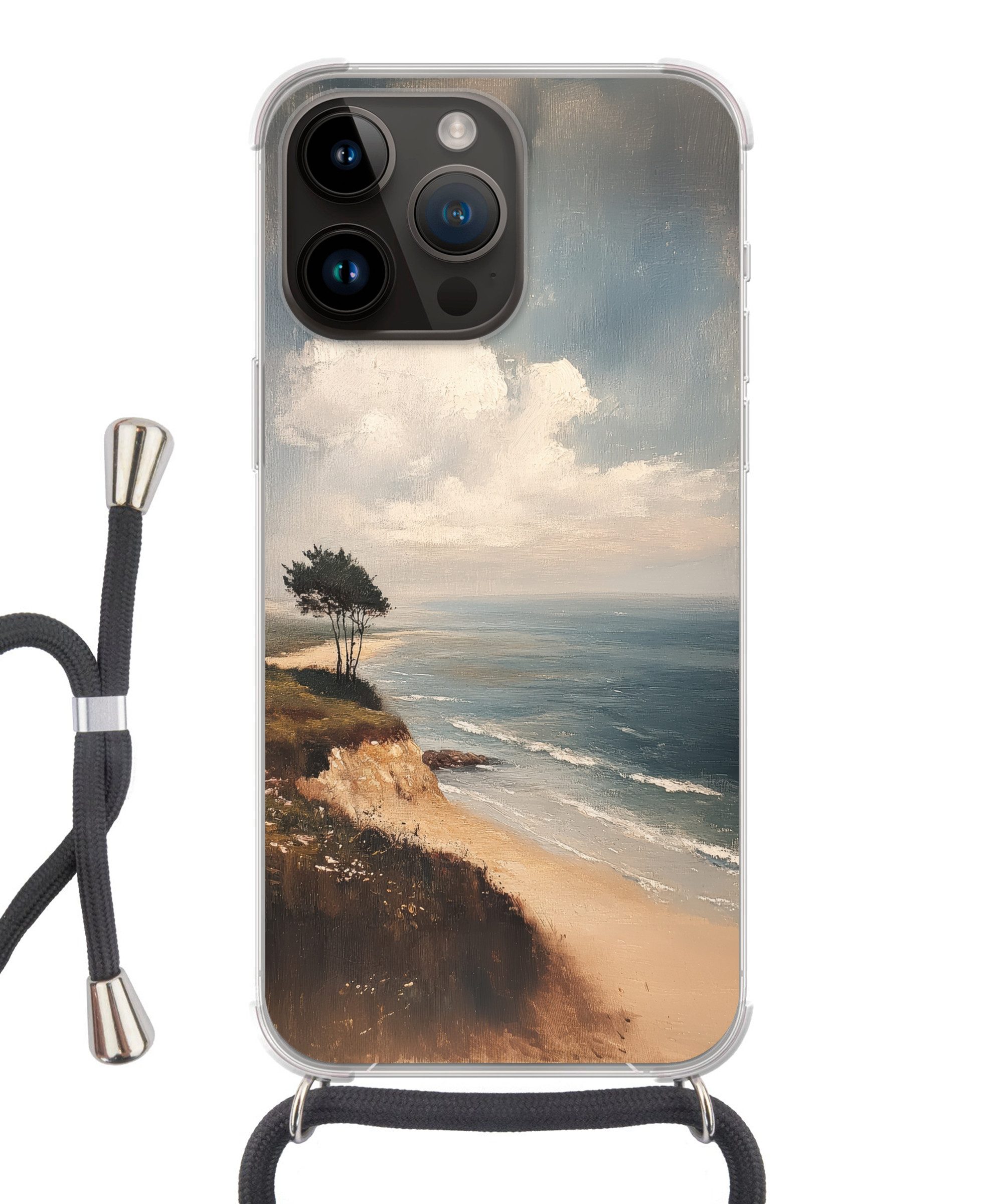MuchoWow Handyhülle für Apple iPhone 14 Pro Klippe - Meer - Baum, Tragbare Handyhüllen mit Kette zum umhängen, Handykette Handyband