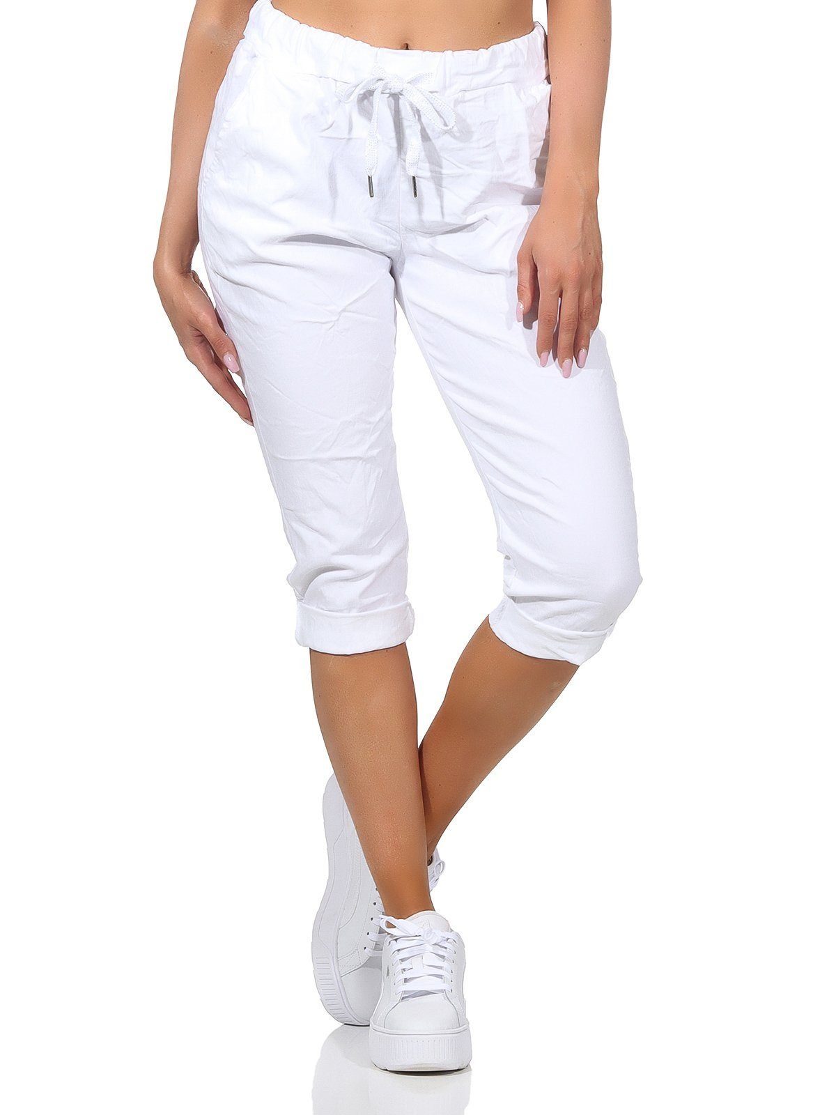 Aurela Damenmode 7/8-Hose Damen Sommerhose Capri Jeans Kurze Hose Bermuda in sommerlichen Farben, Taschen und Kordelzug, 36-44