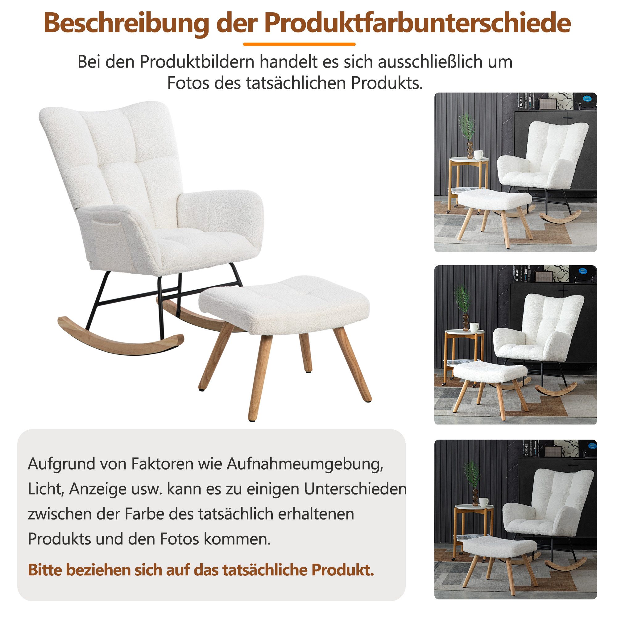 STILVORA Schaukelstuhl mit hocker Schaukelsessel mit Bügeln,Relaxsessel aus Teddy-Samt,Weiß (Loungesessel, 2 St), mit stabiles Gummifußgestell Fußhocker (49*38*38 cm)