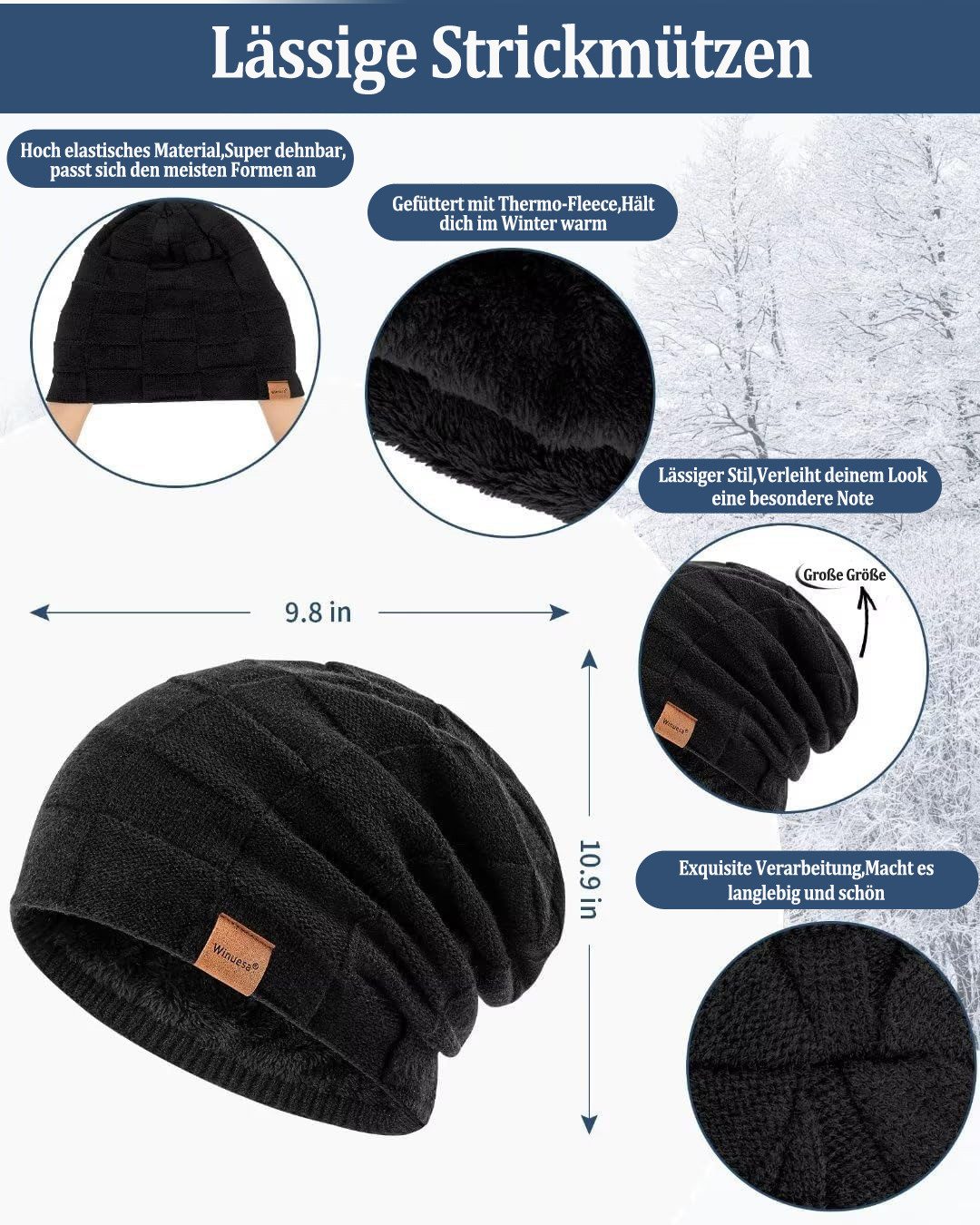Coonoor Mütze & Schal Strickmütze, Schal und Handschuh-Set, Winterstrickmütze, Touchscreen-Handschuhe, gefütterter Kragen, Unisex – Bild 3 von 5