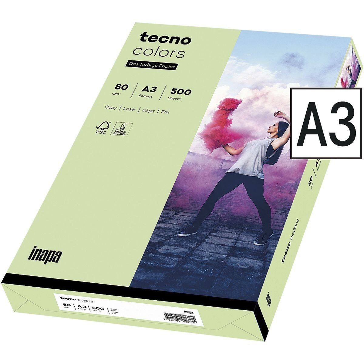 Inapa tecno Format A3, Pastellfarben, g/m², Kopierpapier mittelgrün und 500 80 Colors, DIN Blatt tecno Rainbow Drucker- 