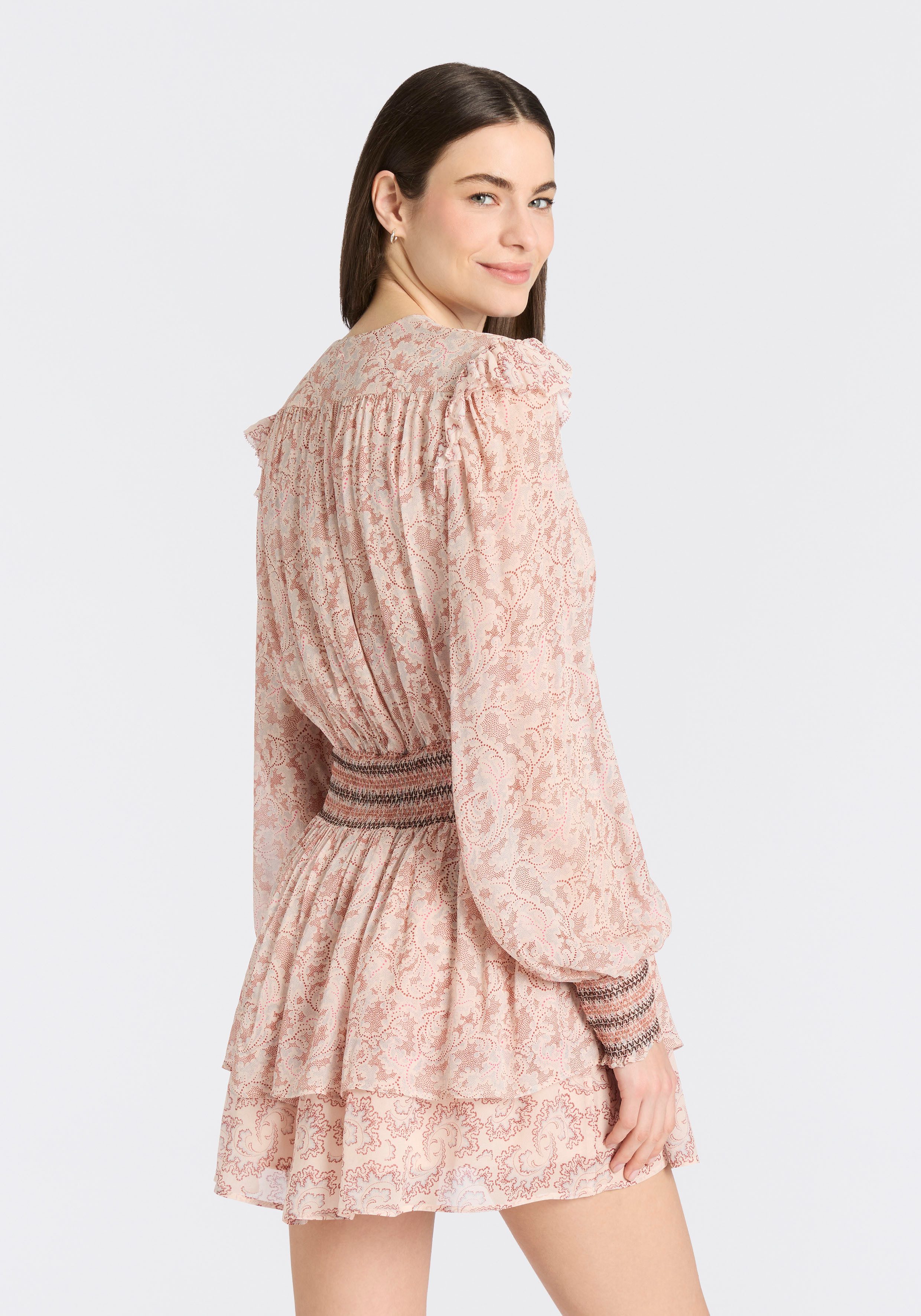 BOSS ORANGE Druckkleid Darmia Premium Damenmode mit Volants und gesmokten Details