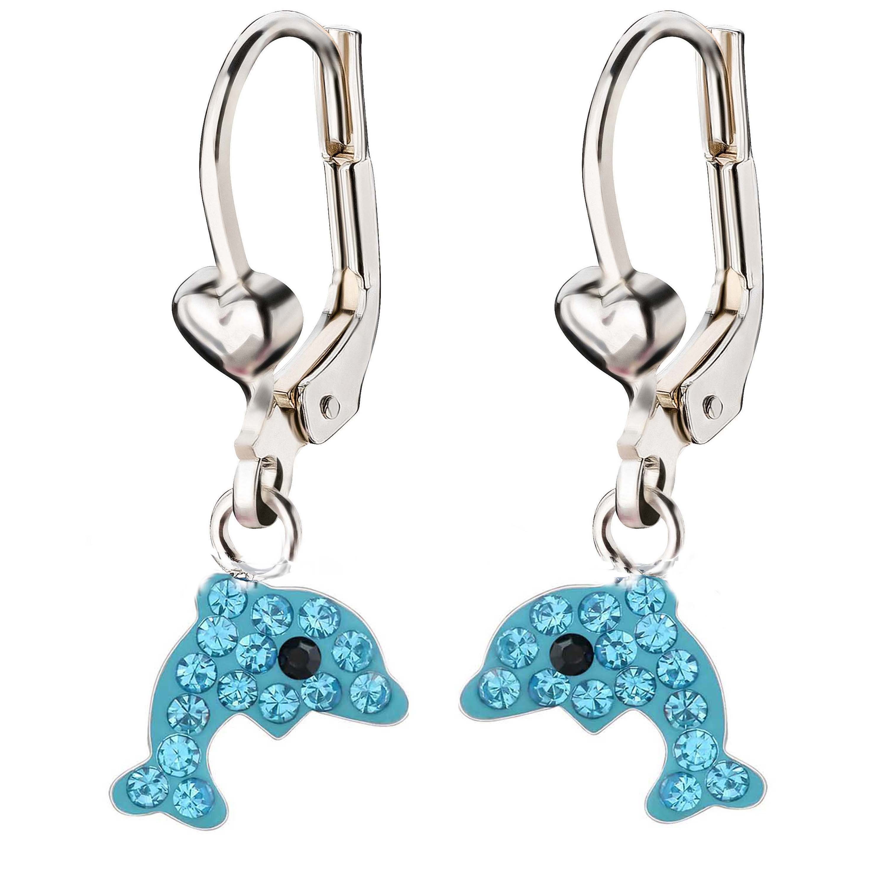 schmuck23 Paar Ohrhänger Kinder Ohrringe Delfin 925 Silber Creolen Ohrschmuck Geschenk Mädchen, Kinderschmuck Kristalle Mädchen Geschenk