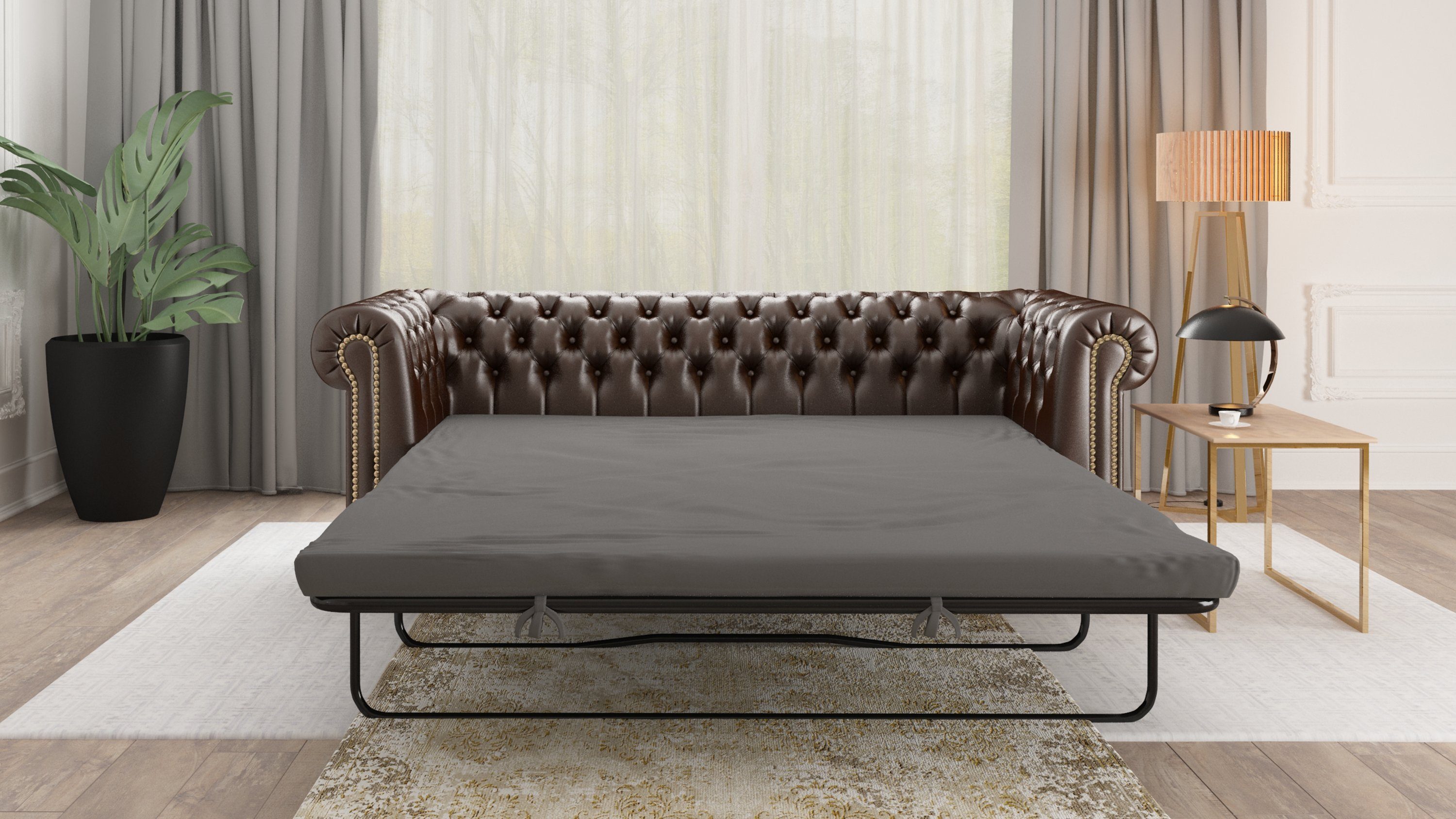 Braun 72cm, Bettfunktion, Chesterfield-Sofa mit H 203cm 86cm Möbel B x T mit Jeff, S-Style x 3-Sitzer, Wellenfederung