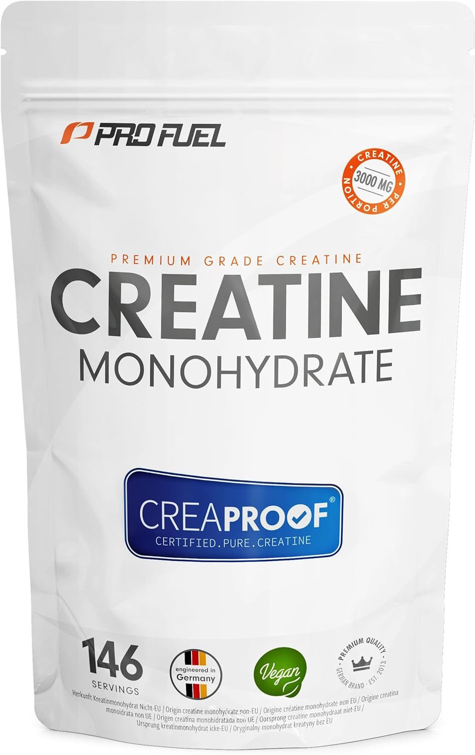 ProFuel Creatin Monohydrat Pulver 1kg / 1000g reines Kreatin Monohydrat Pulver, 1 er Mikronisierte Qualität für gute Löslichkeit à 500 g, ohne Zusätze 100% vegan