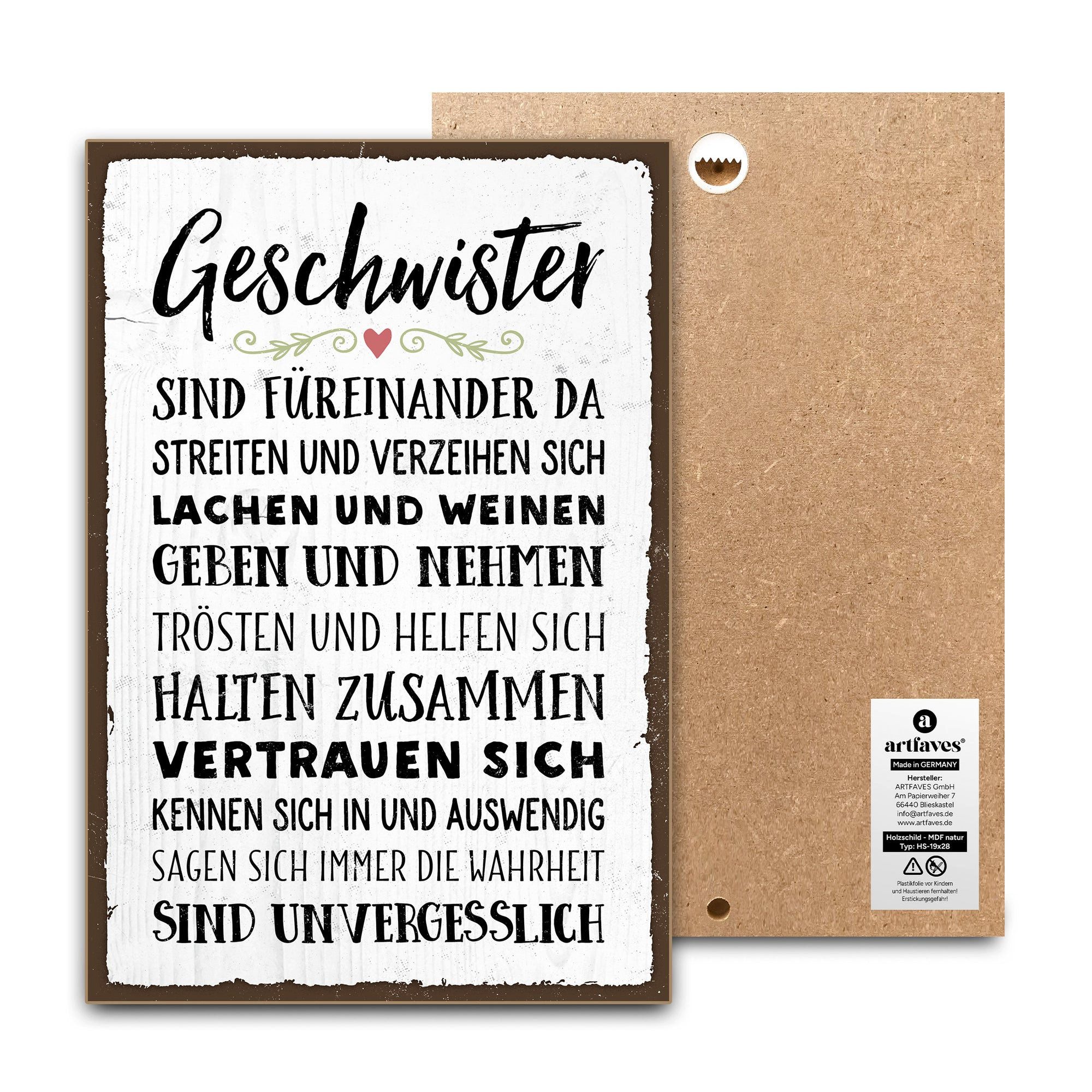 ARTFAVES Holzbild Schild mit Spruch - GESCHWISTER SIND FÜREINANDER DA - Familie, Zuhause